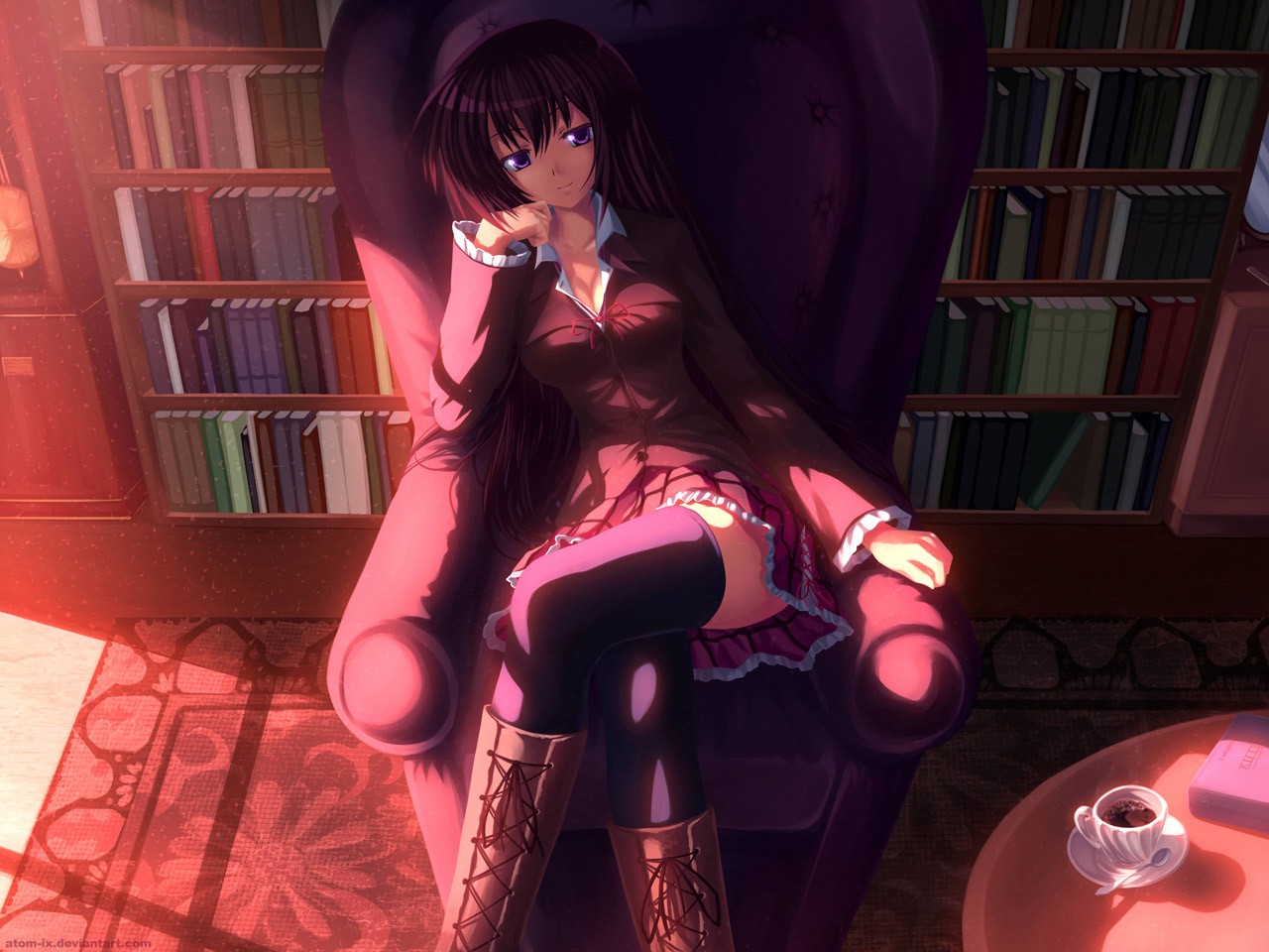 Anime 1280x960 Akaba Chizuru Seitokai no Ichizon anime girls anime legs stockings legs crossed chair purple eyes women indoors