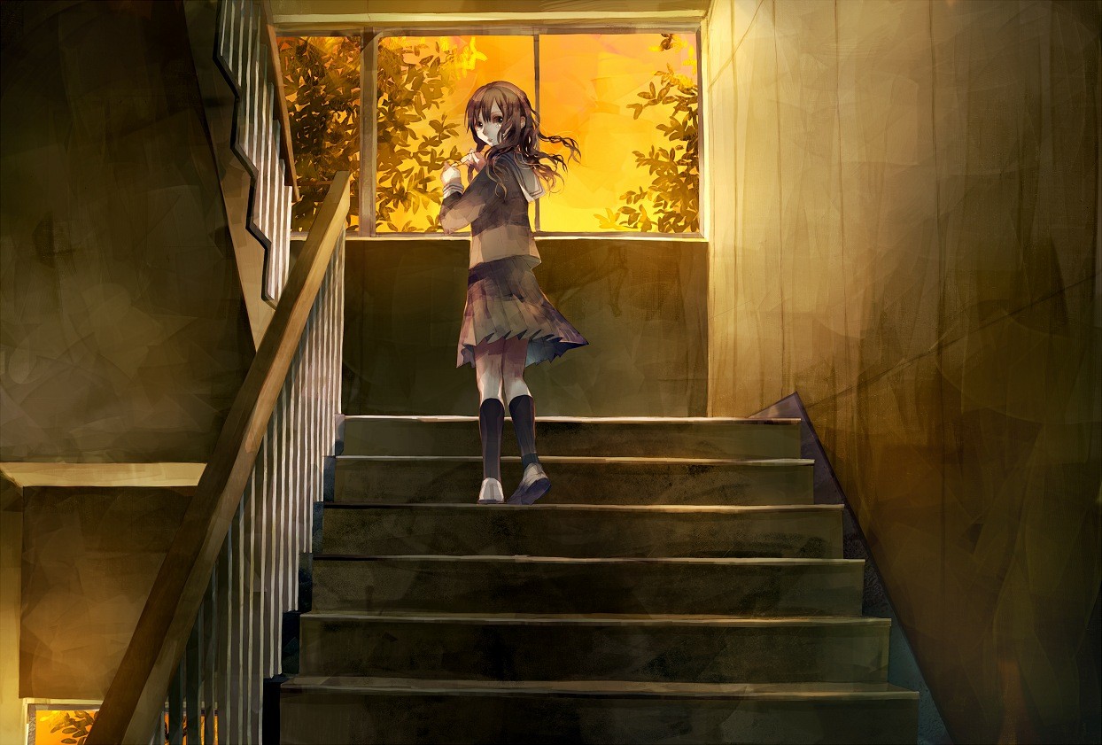 Download wallpaper 1280x1280 girl, stairs, anime, art ipad, ipad 2, ipad  mini for parallax hd background