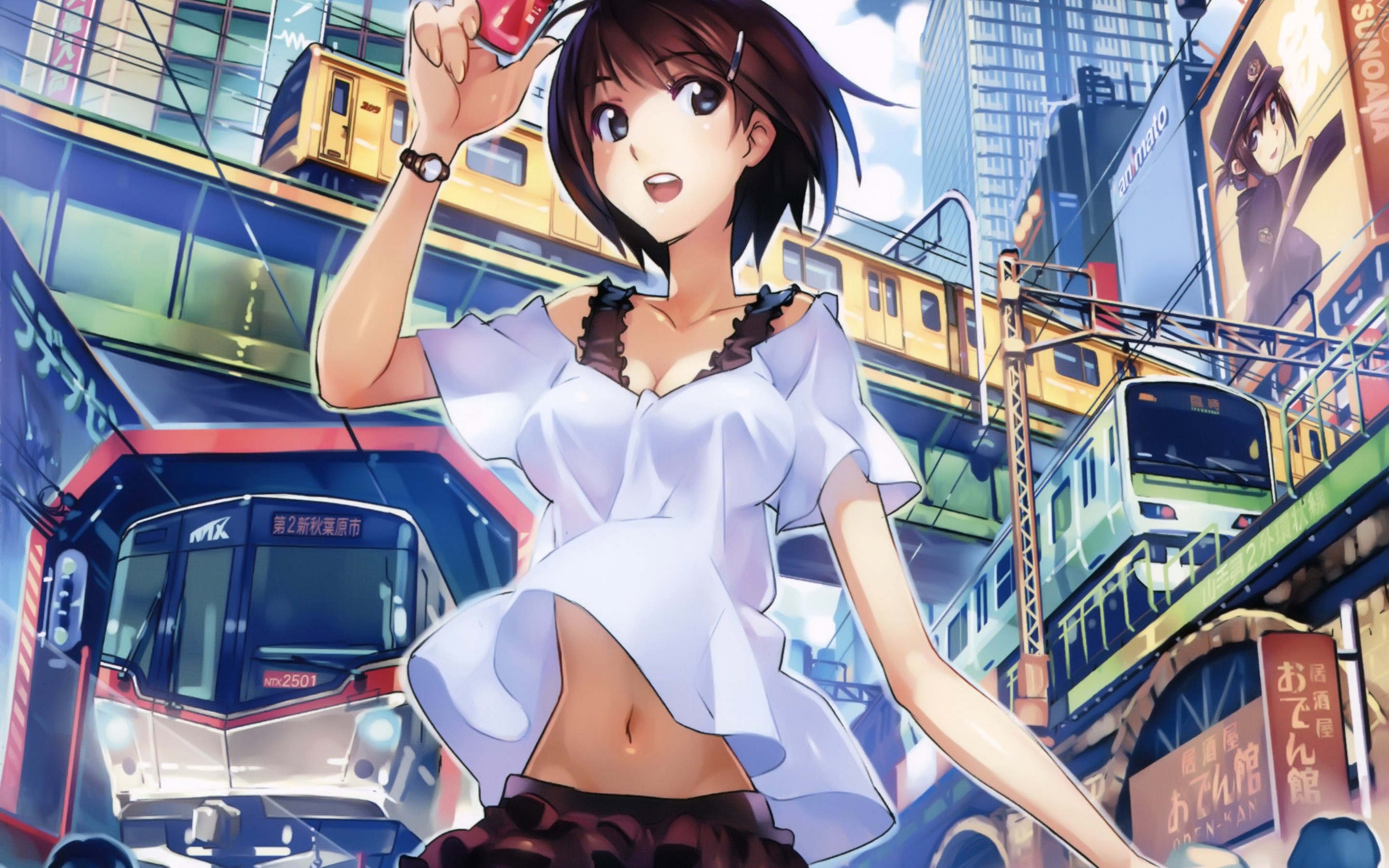 Anime 2880x1800 manga anime girls Rail Wars white t-shirt T-shirt brunette smiling blue eyes city anime belly open mouth vehicle urban women outdoors