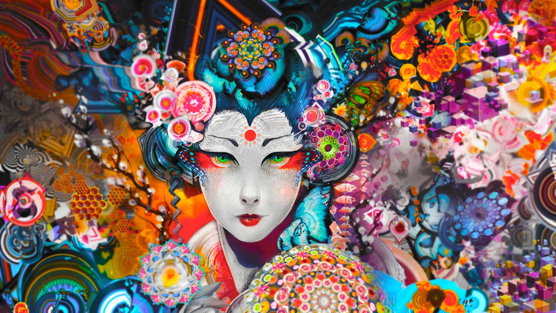 General 1920x1080 colorful abstract geisha women Asian green eyes artwork