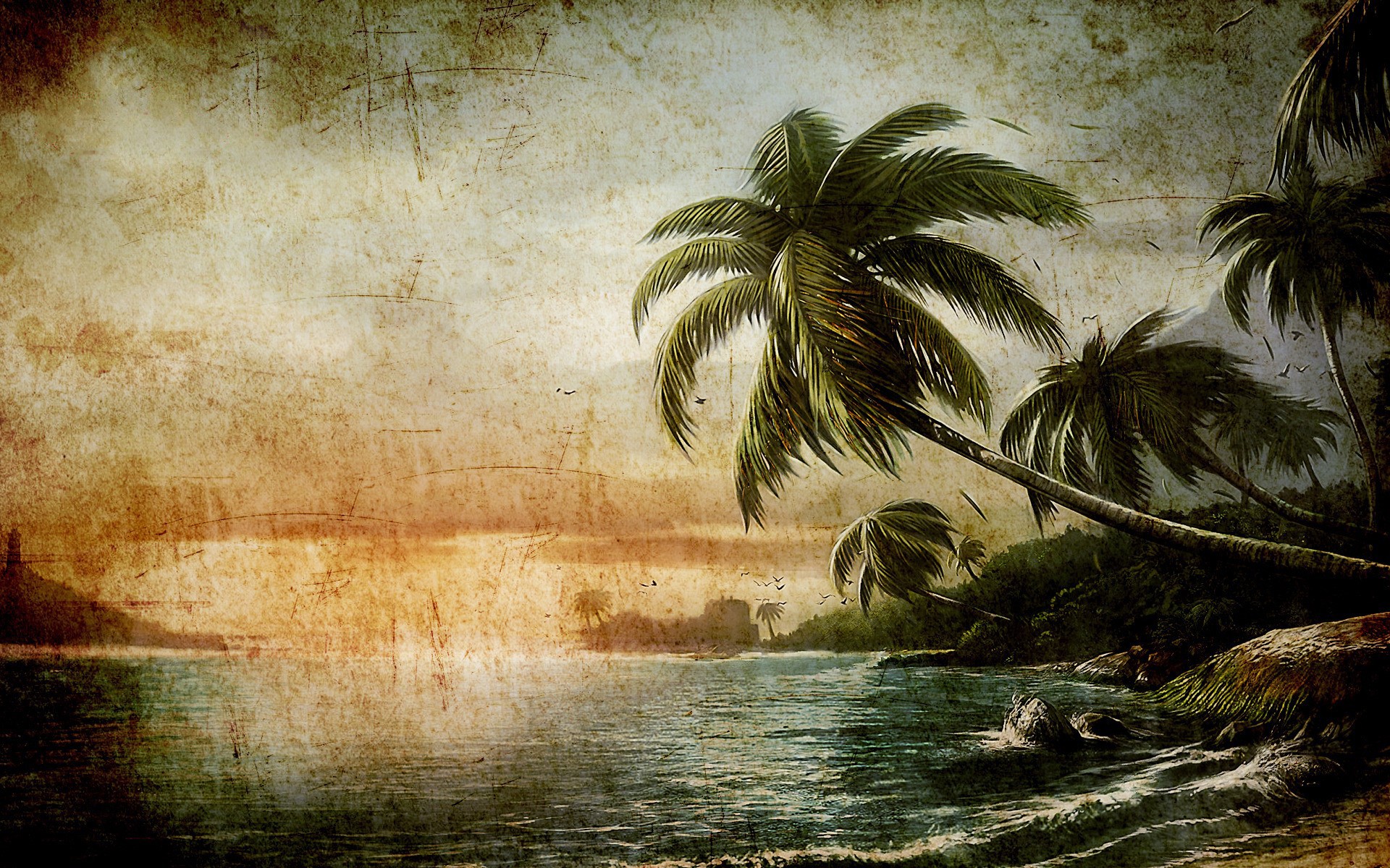 General 1920x1200 grunge palm trees tropical sea digital art