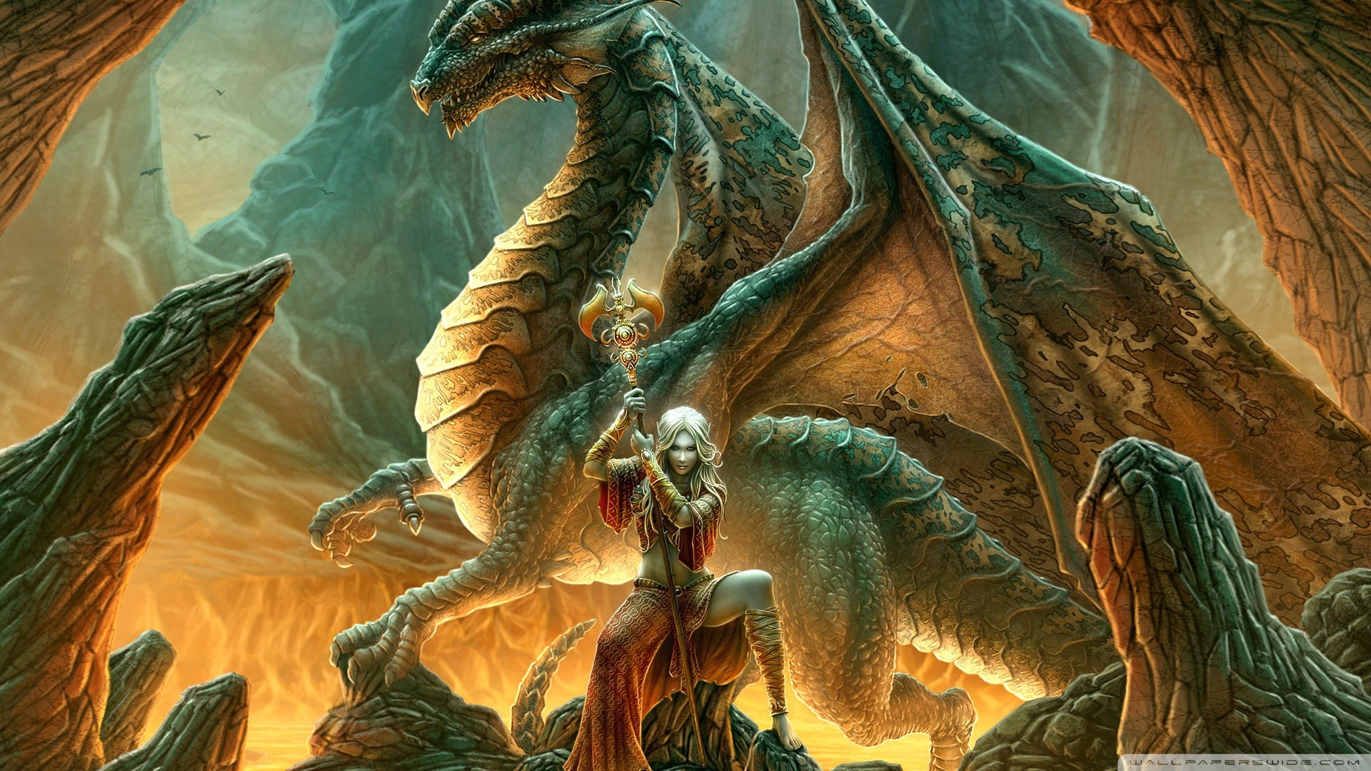 General 1920x1080 dragon fantasy girl fantasy art creature women staff