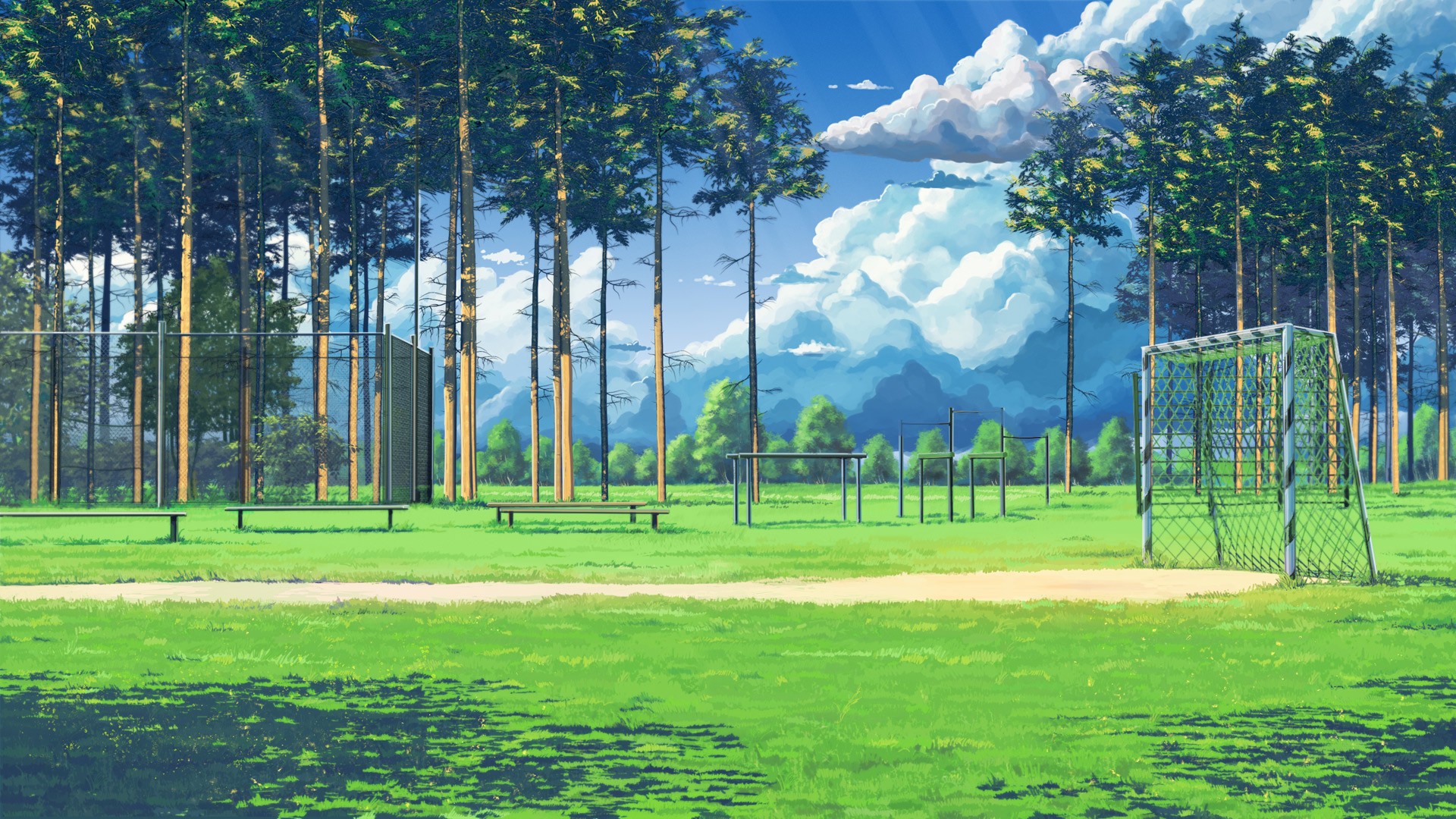 General 1920x1080 clouds soccer field bench green Everlasting Summer (visual novel) artwork ArseniXC outdoors grass anime