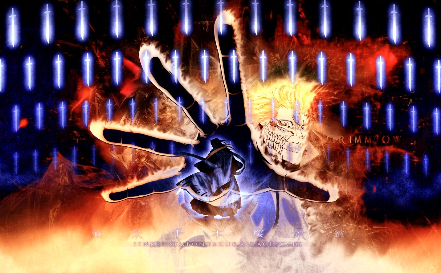 Anime 1431x886 Bleach Grimmjow Jaegerjaquez Kuchiki Byakuya sword Espada anime anime men fire hands