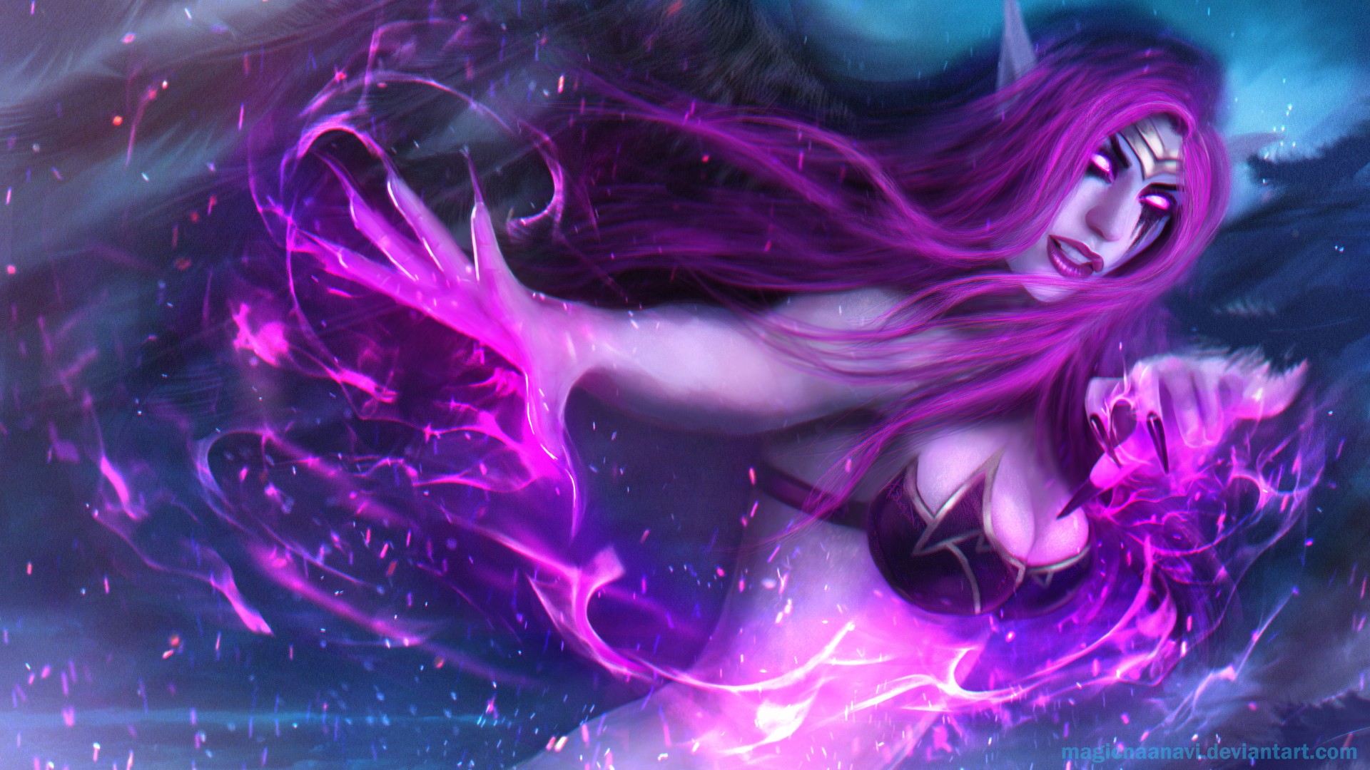 General 1920x1080 anime girls anime realistic pink hair pink eyes Morgana (League of Legends) League of Legends MagicnaAnavi video games PC gaming video game art glowing eyes boobs bra fantasy girl fantasy art