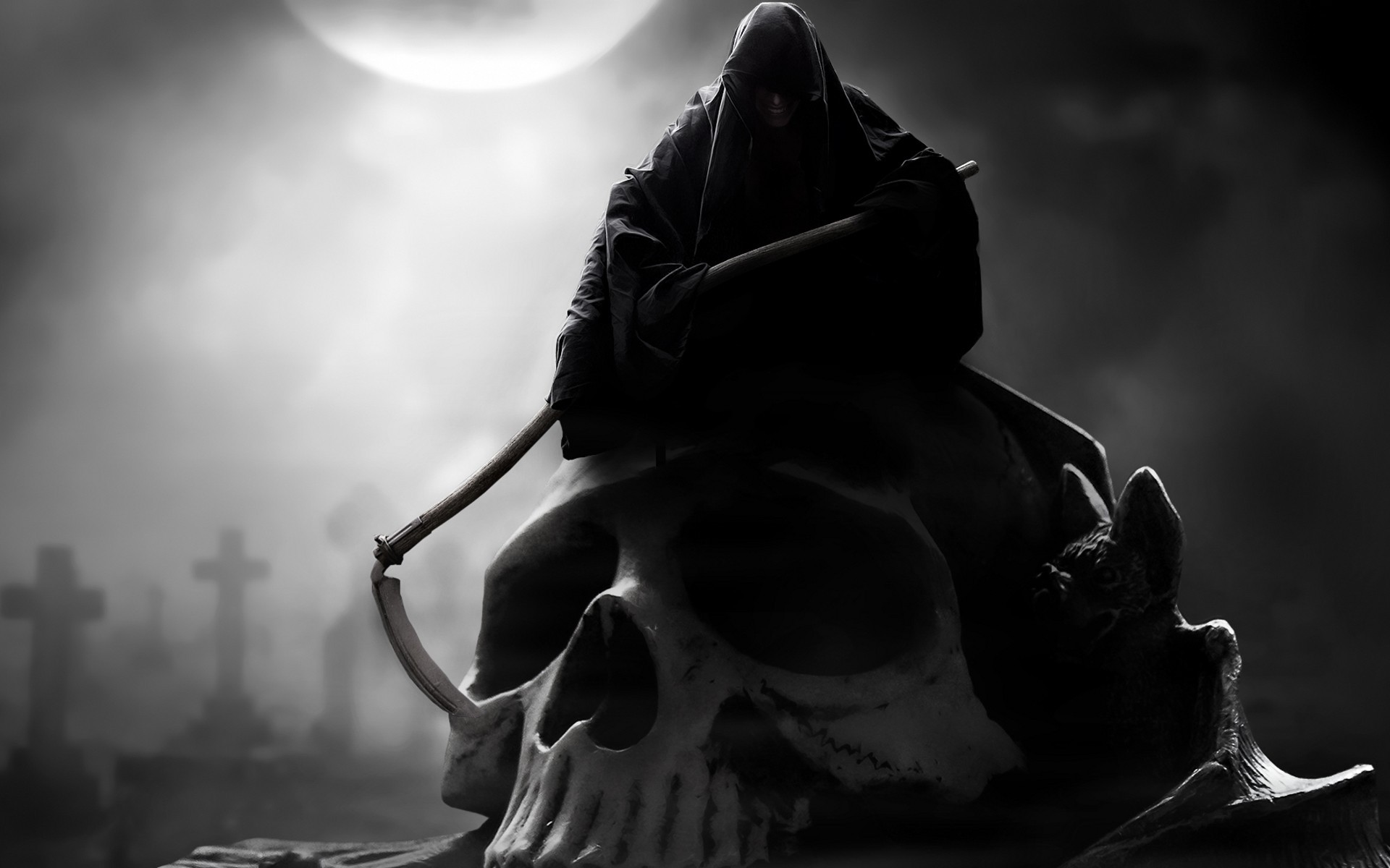 General 1920x1200 death artwork digital art drawing skull Grim Reaper scythe cross grave creature smiling frontal view dark