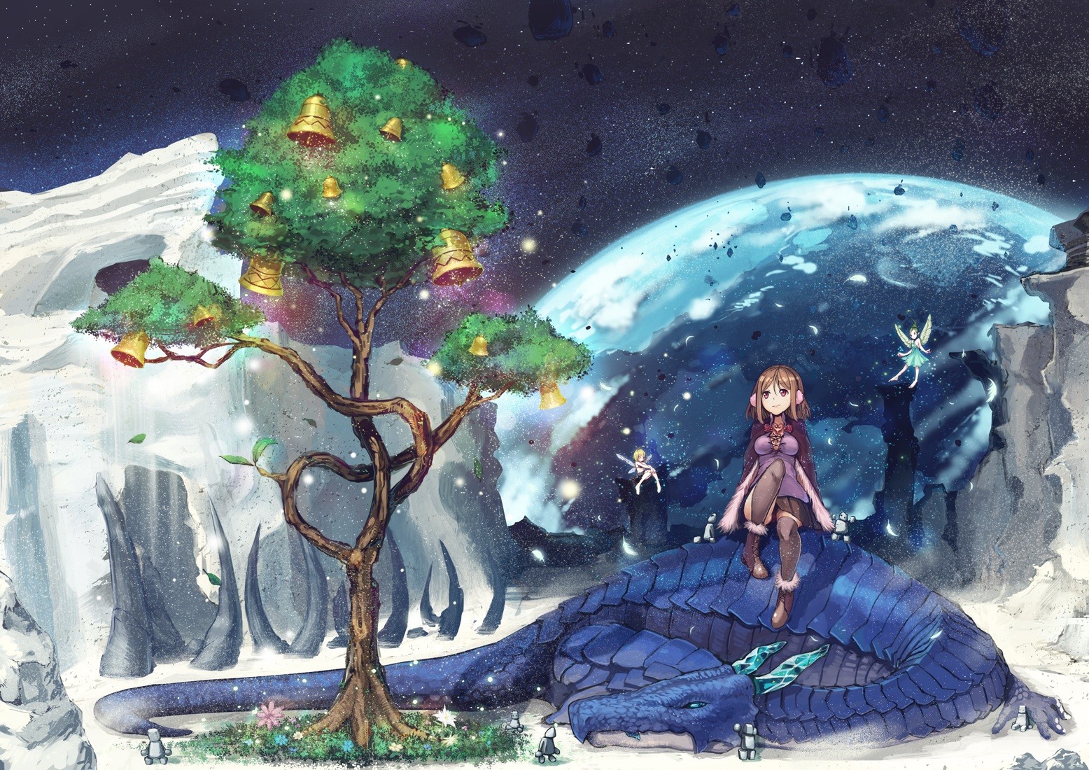 Anime 1556x1100 snow dragon fay anime girls anime trees sitting brunette fantasy art fantasy girl