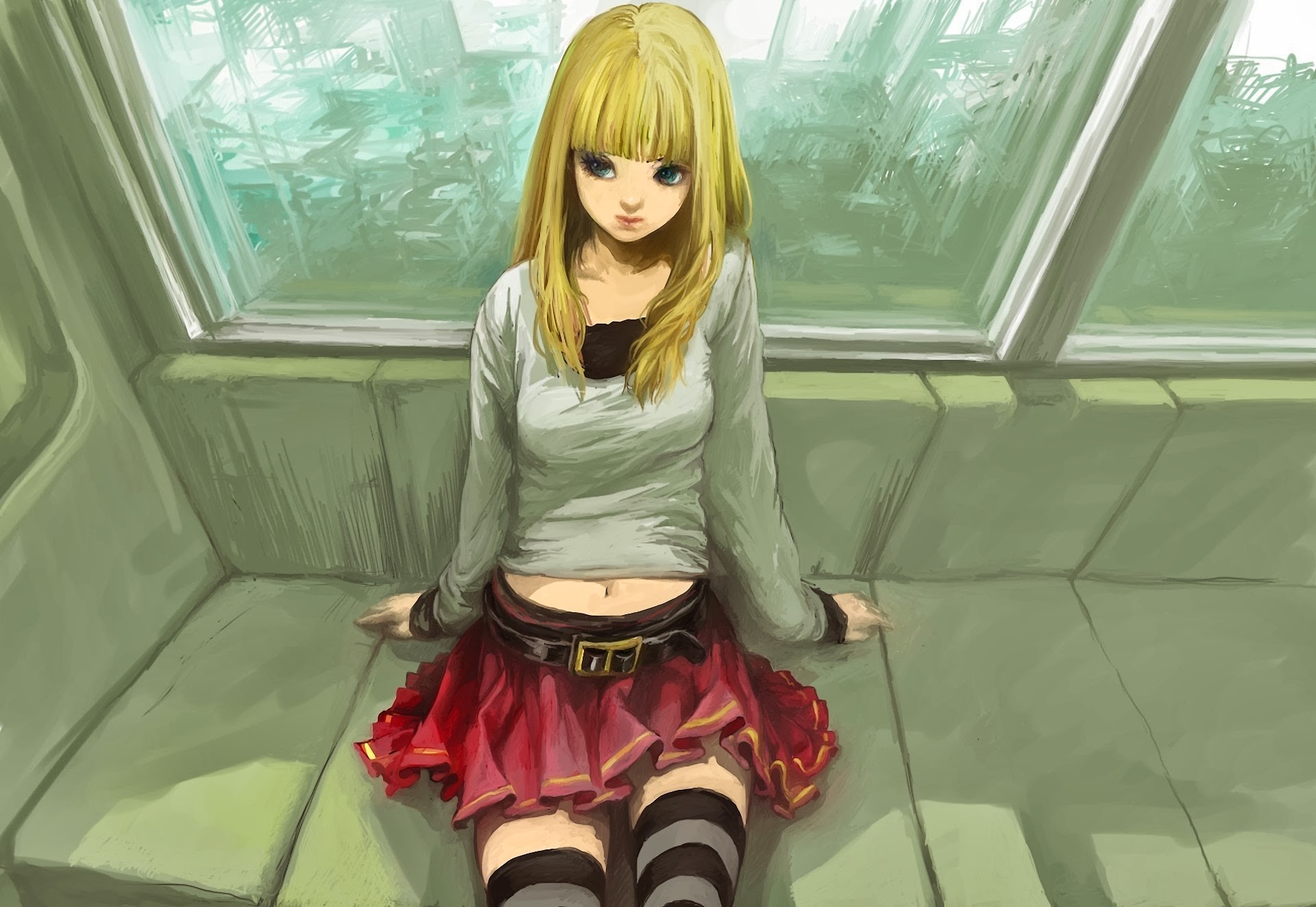 Anime 1920x1323 Death Note Amane Misa anime girls blonde anime sitting looking away miniskirt