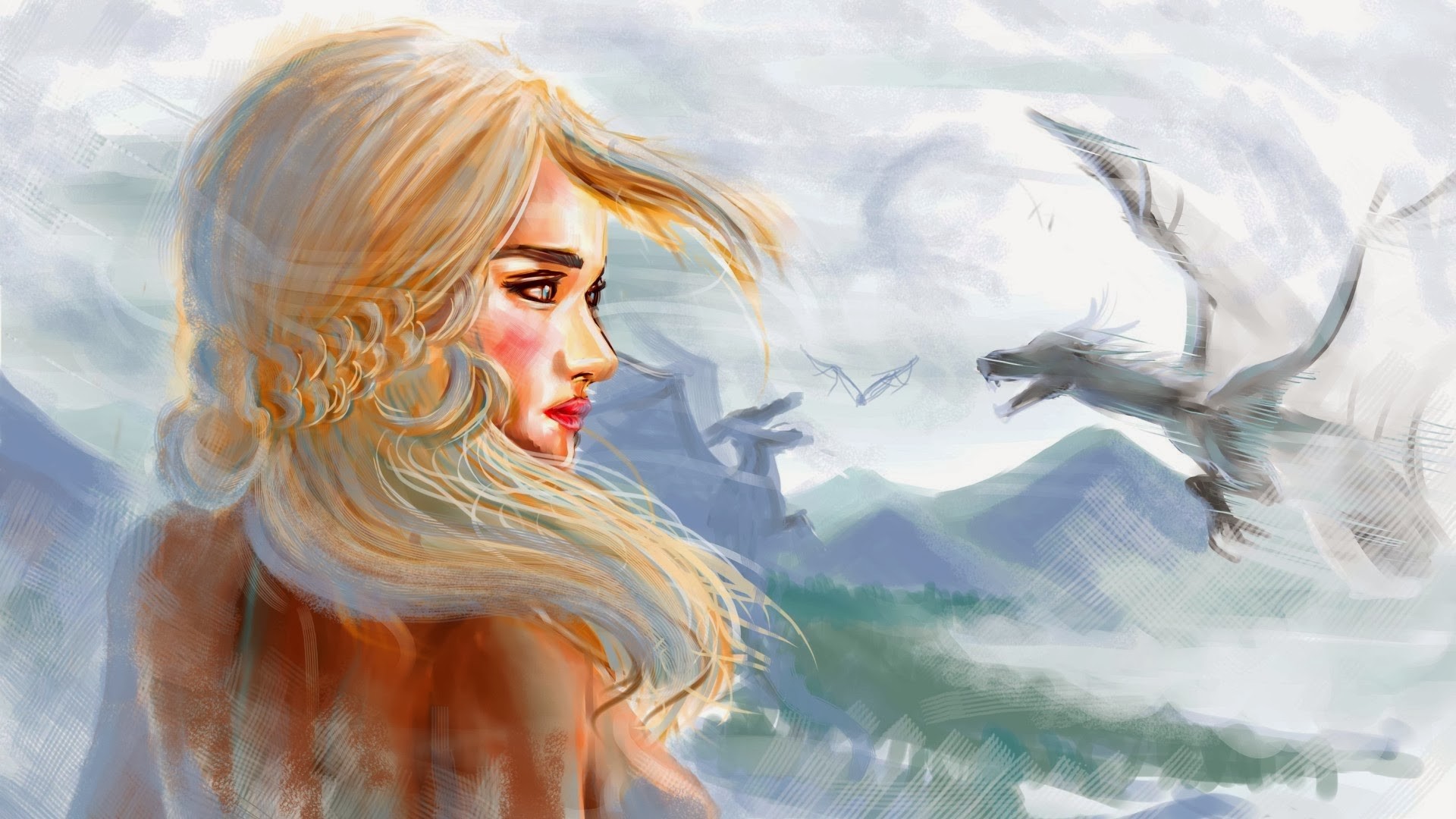 General 1920x1080 artwork dragon Game of Thrones fan art fantasy art TV series women fantasy girl Daenerys Targaryen creature blonde long hair red lipstick