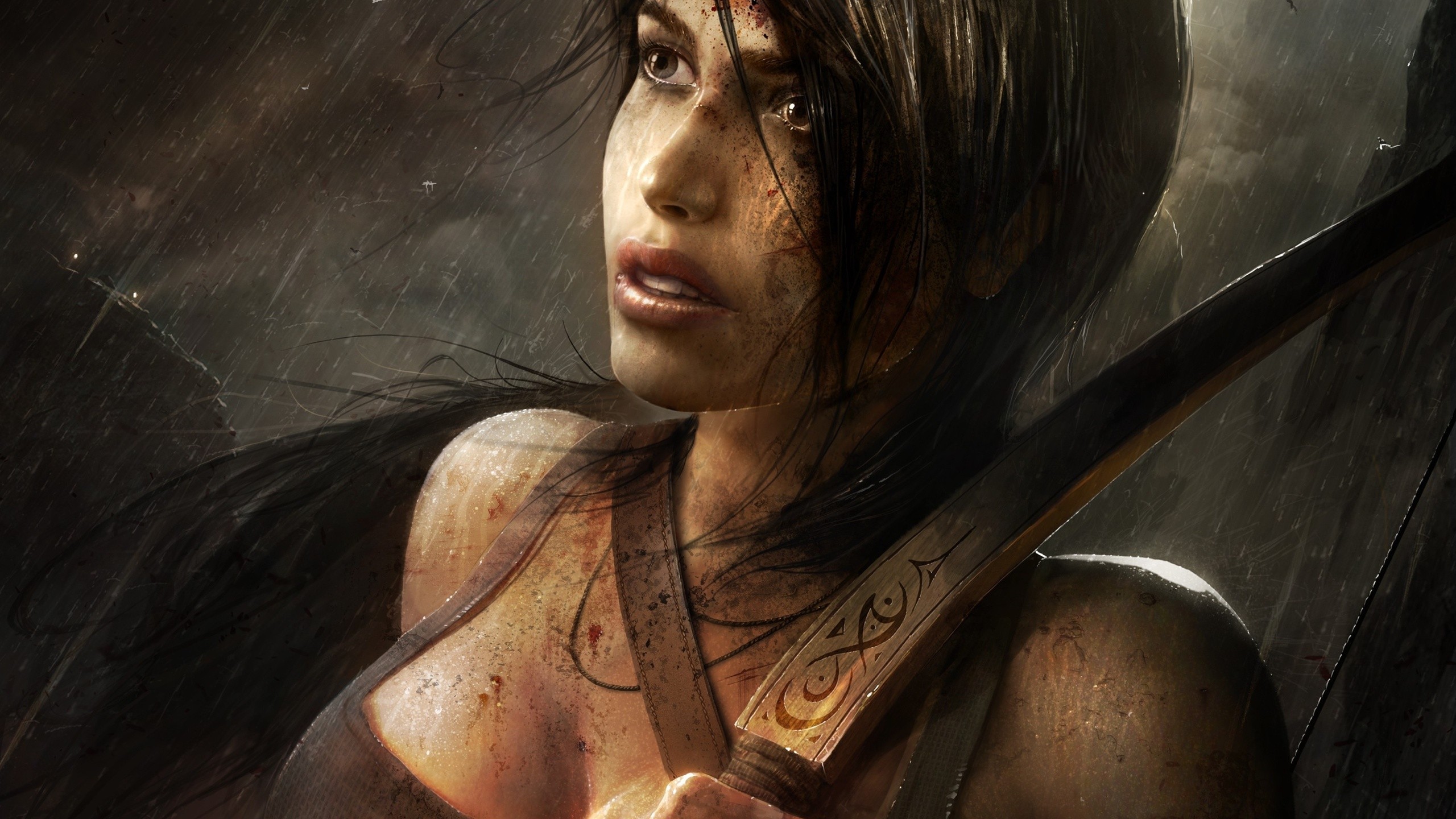 General 2560x1440 Tomb Raider (2013) Tomb Raider video game art video games rain brunette bow video game girls women PC gaming Lara Croft (Tomb Raider) face closeup video game characters