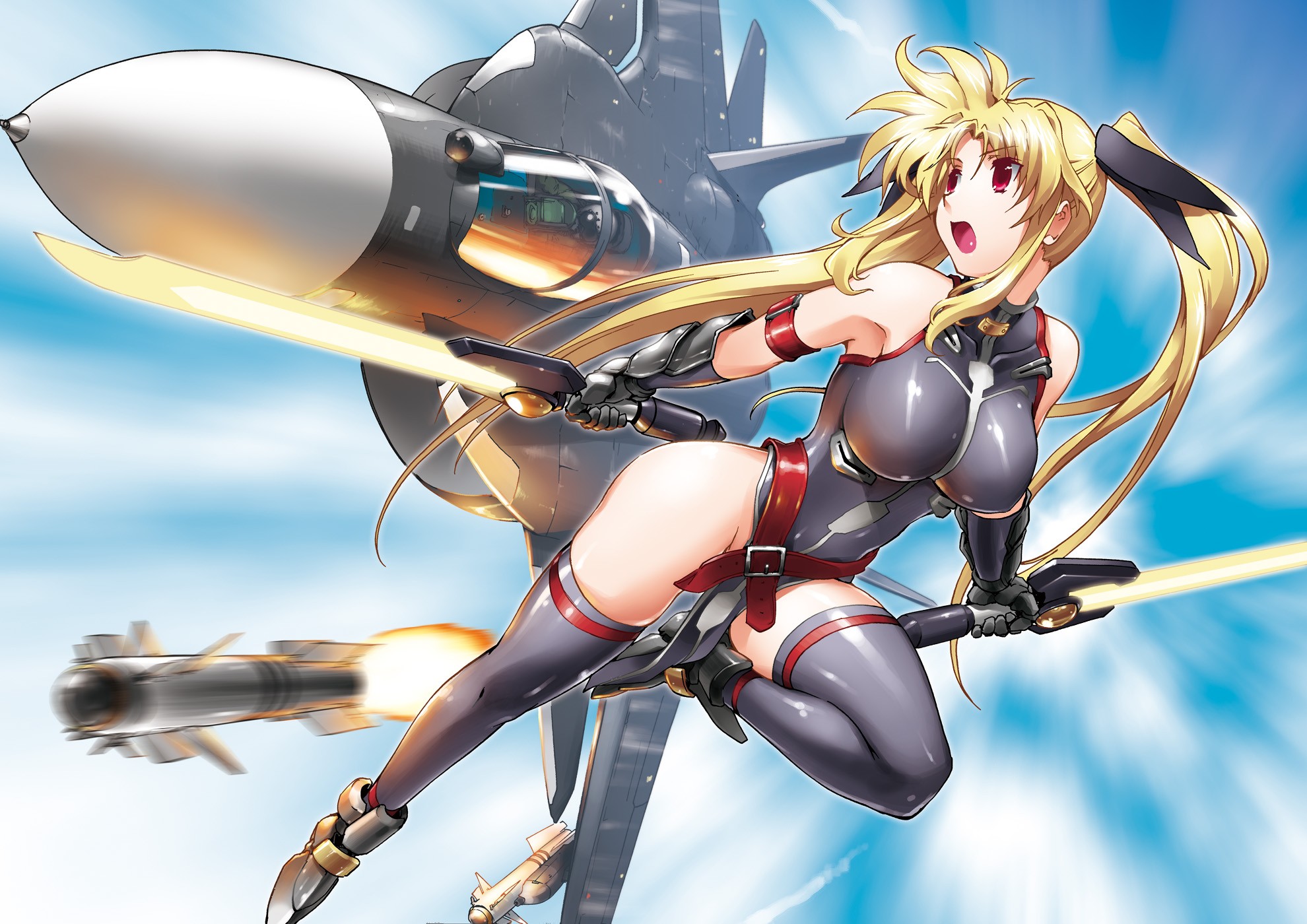 Anime 1980x1400 Fate Testarossa Mahou Shoujo Lyrical Nanoha big boobs anime girls anime boobs legs stockings aircraft missiles military aircraft military vehicle military vehicle blonde open mouth red eyes women with swords long hair twintails jet fighter