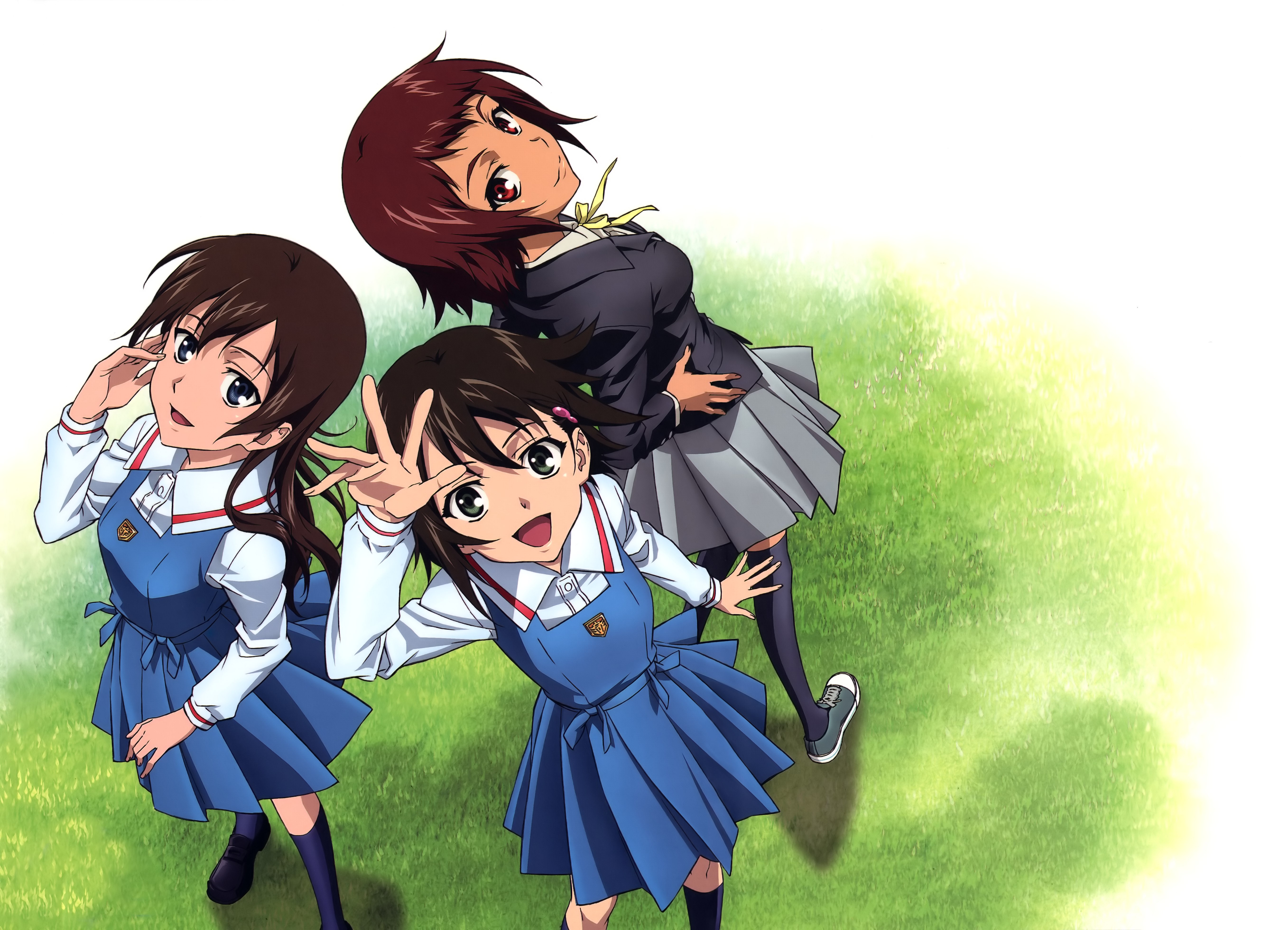 Anime 5430x3922 Isurugi Noe anime girls anime women trio blue eyes red eyes green eyes looking up women outdoors