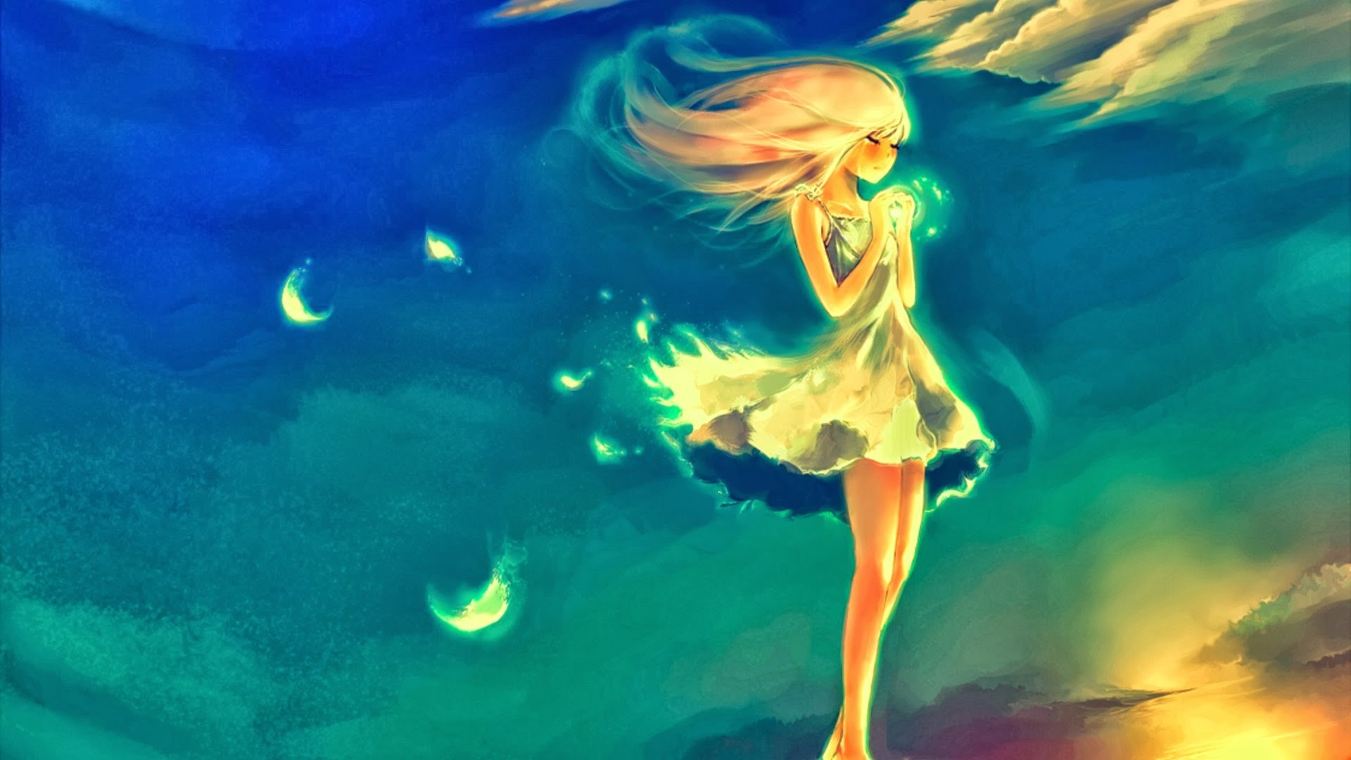 Anime 1920x1080 artwork anime anime girls aurorae original characters closed eyes sky clouds crying pink hair alone sun dress standing