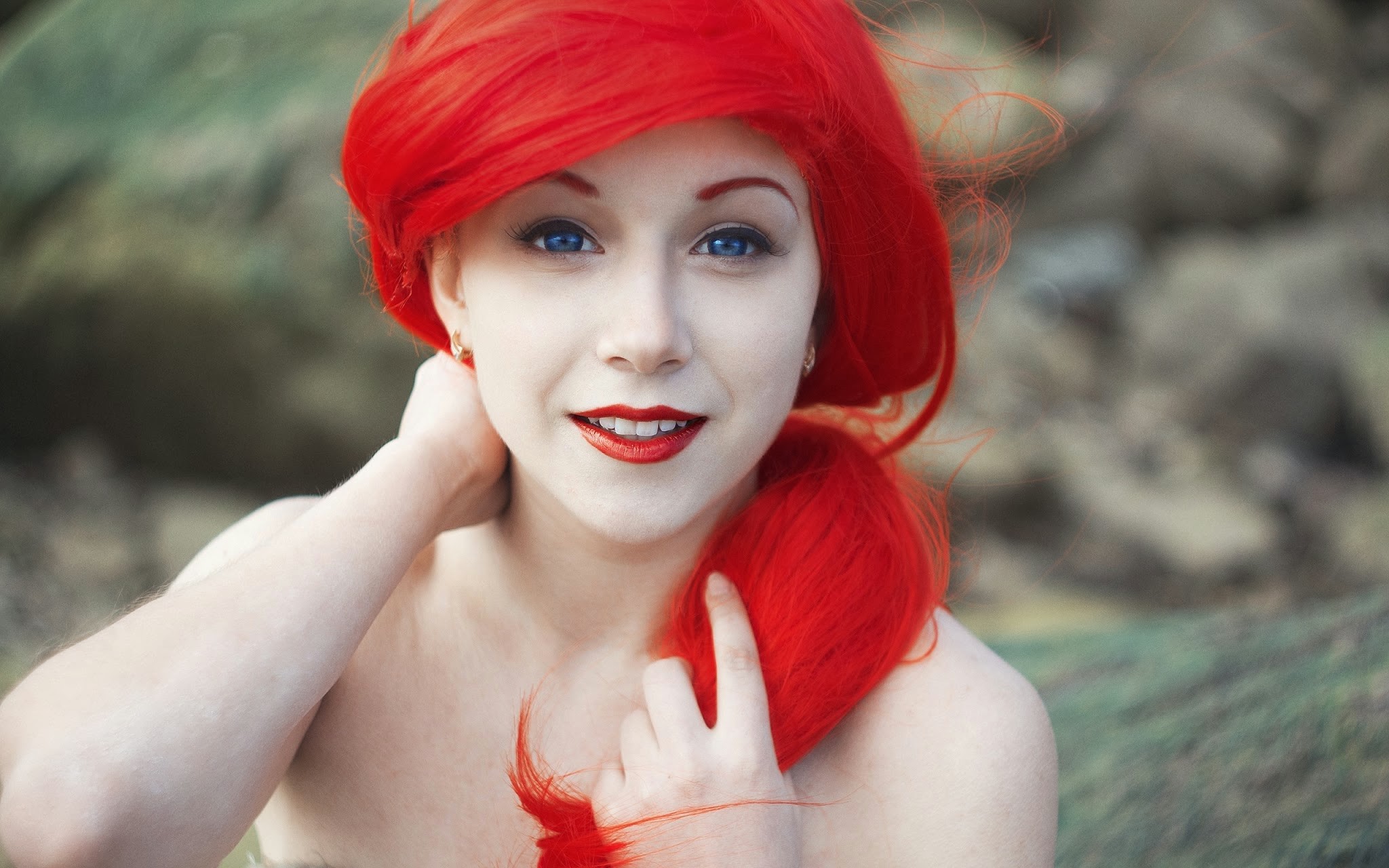 People 2048x1280 redhead pale women women outdoors red lipstick outdoors bare shoulders The Little Mermaid Disney princesses cosplay makeup blue eyes