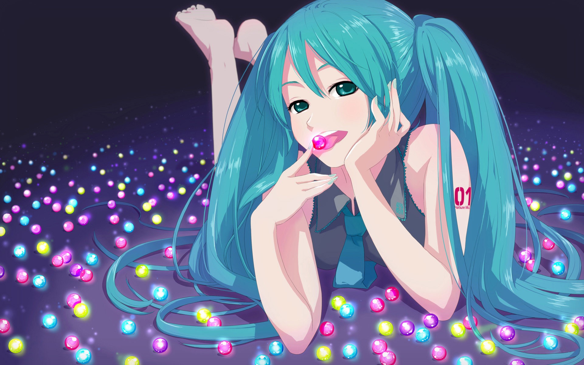 Anime 1920x1200 Vocaloid anime Hatsune Miku anime girls legs up cyan hair aqua eyes tongues tongue out tie long hair looking at viewer lying on front
