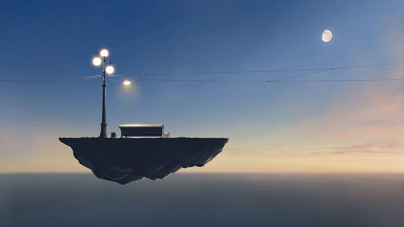 General 1366x768 floating island sunset digital art bench lantern Moon surreal sky