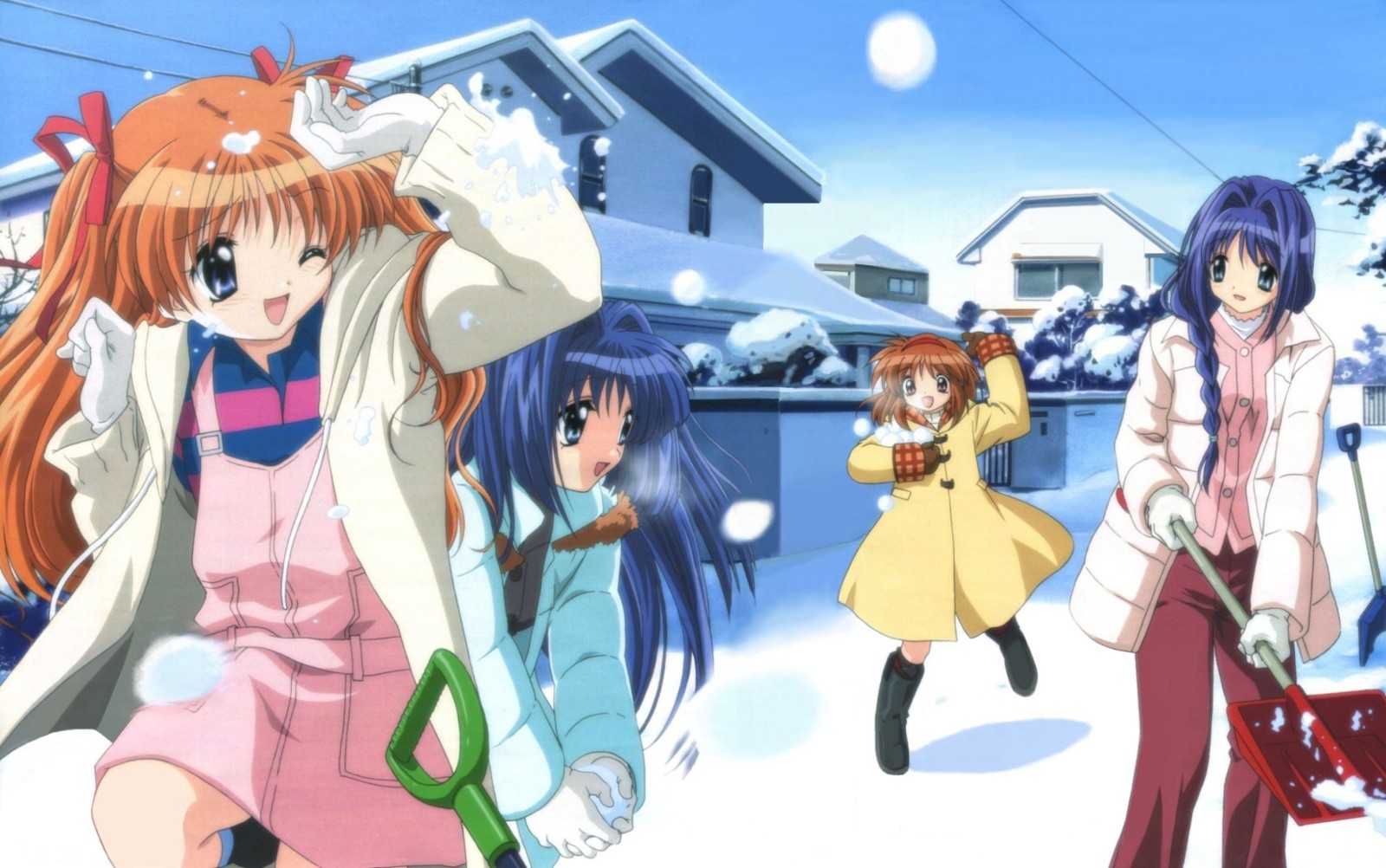 Anime 1600x1002 anime girls anime Kanon group of women snow winter women outdoors urban