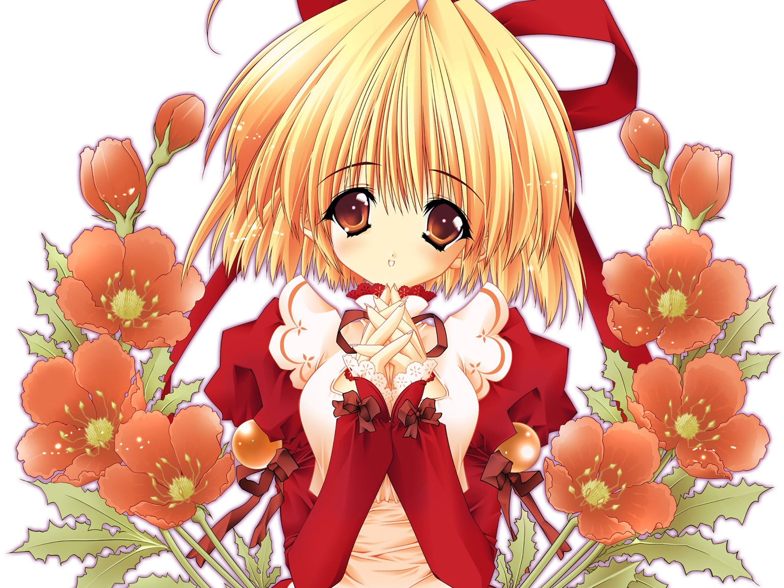 Anime 1600x1200 anime girls anime Moldavite blonde red eyes flowers plants white background looking at viewer