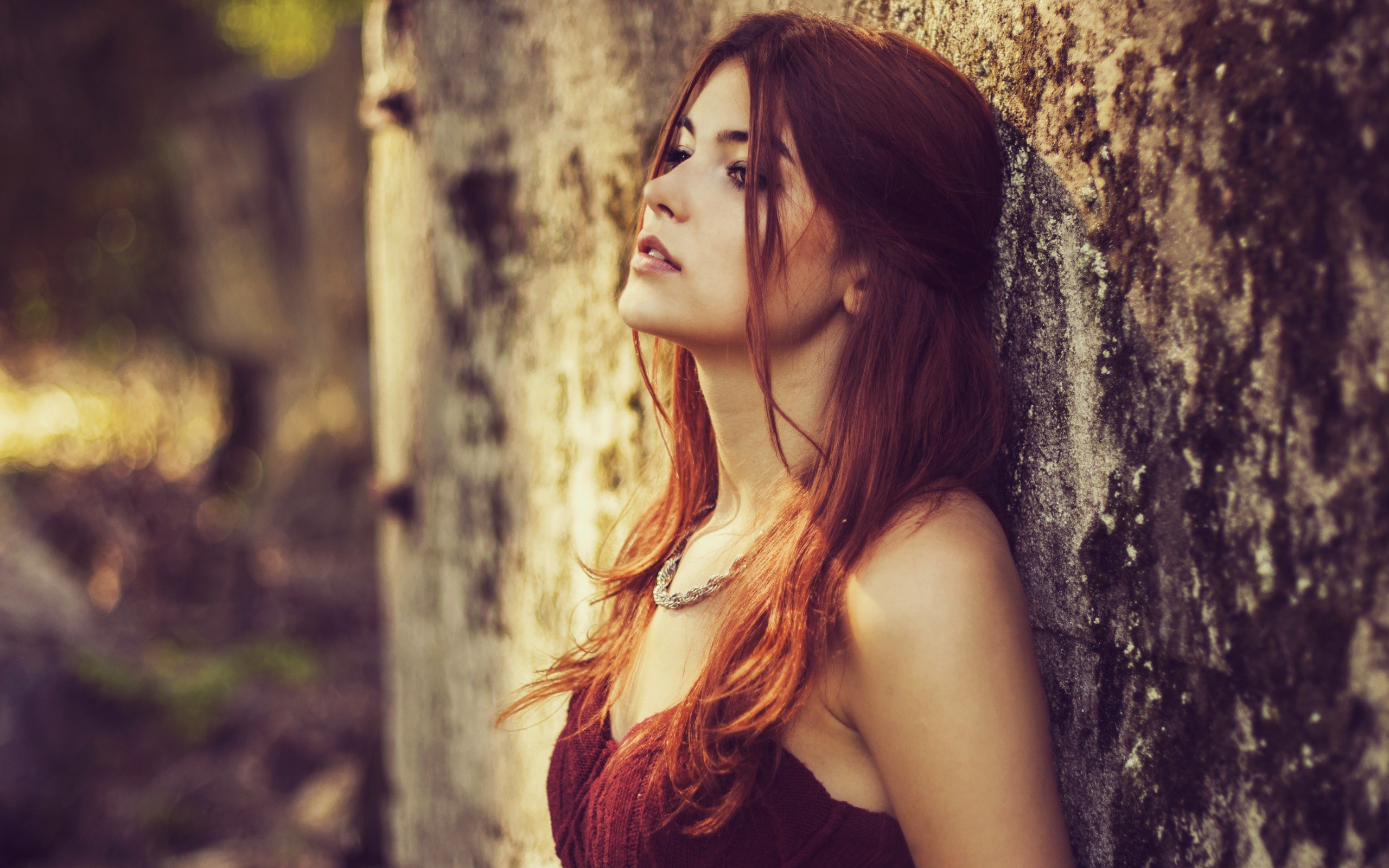 People 2560x1600 women redhead women outdoors filter model looking into the distance wall long hair dyed hair face