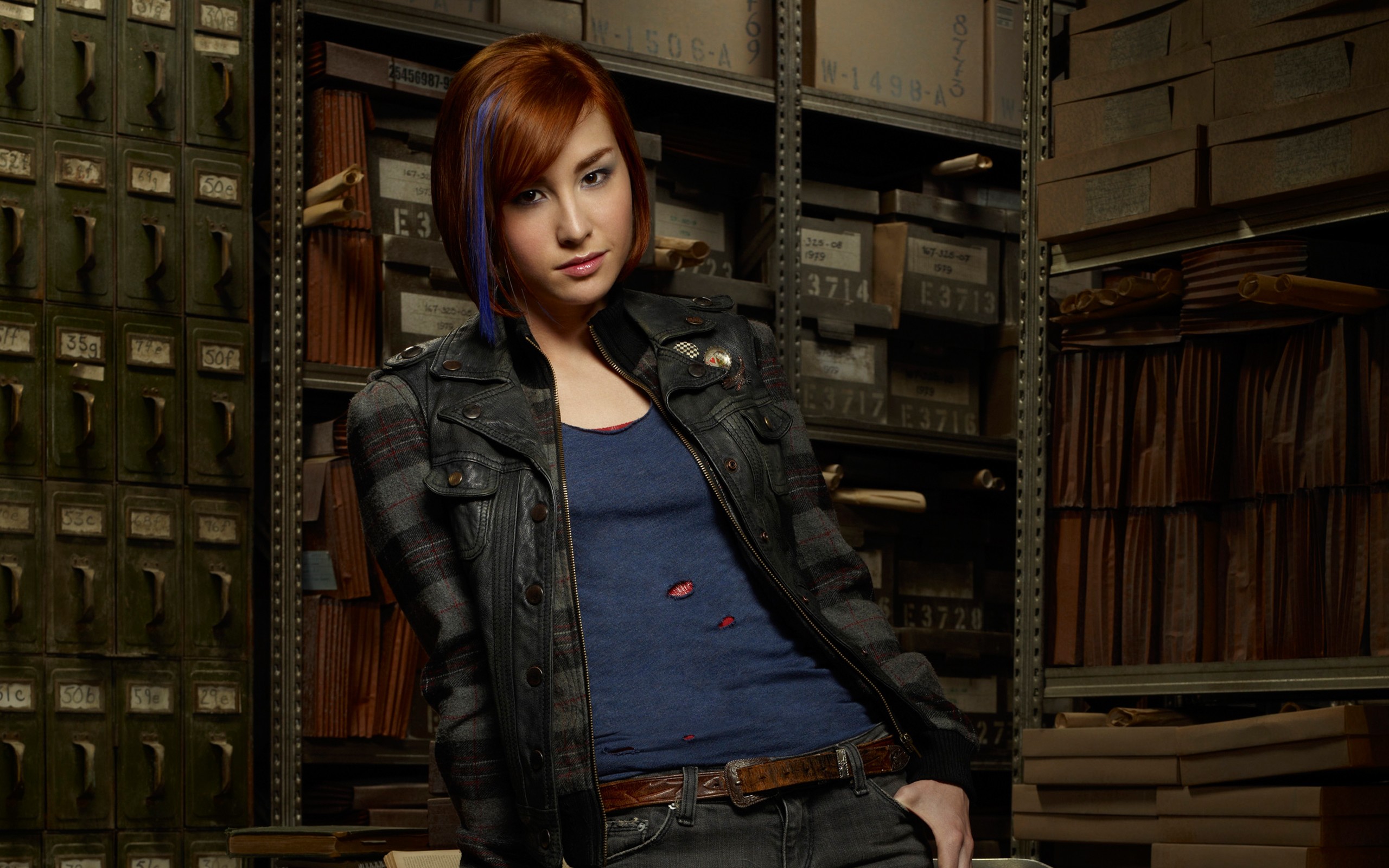 People 2560x1600 women redhead actress leather jacket blue tops shoulder length hair looking at viewer women indoors makeup TV series Warehouse 13 Allison Scagliotti