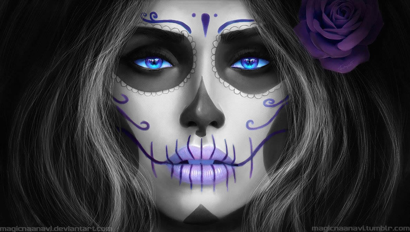 General 1352x768 Sugar Skull face face paint MagicnaAnavi CGI Dia de los Muertos women purple eyes DeviantArt flower in hair skull Santa Muerte