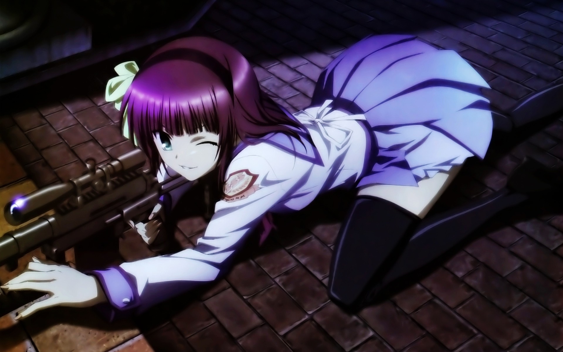 Anime 1920x1200 anime gun sniper rifle stockings ribbon bent over anime girls purple hair aiming weapon girls with guns black stockings one eye closed high angle Angel Beats! women school uniform