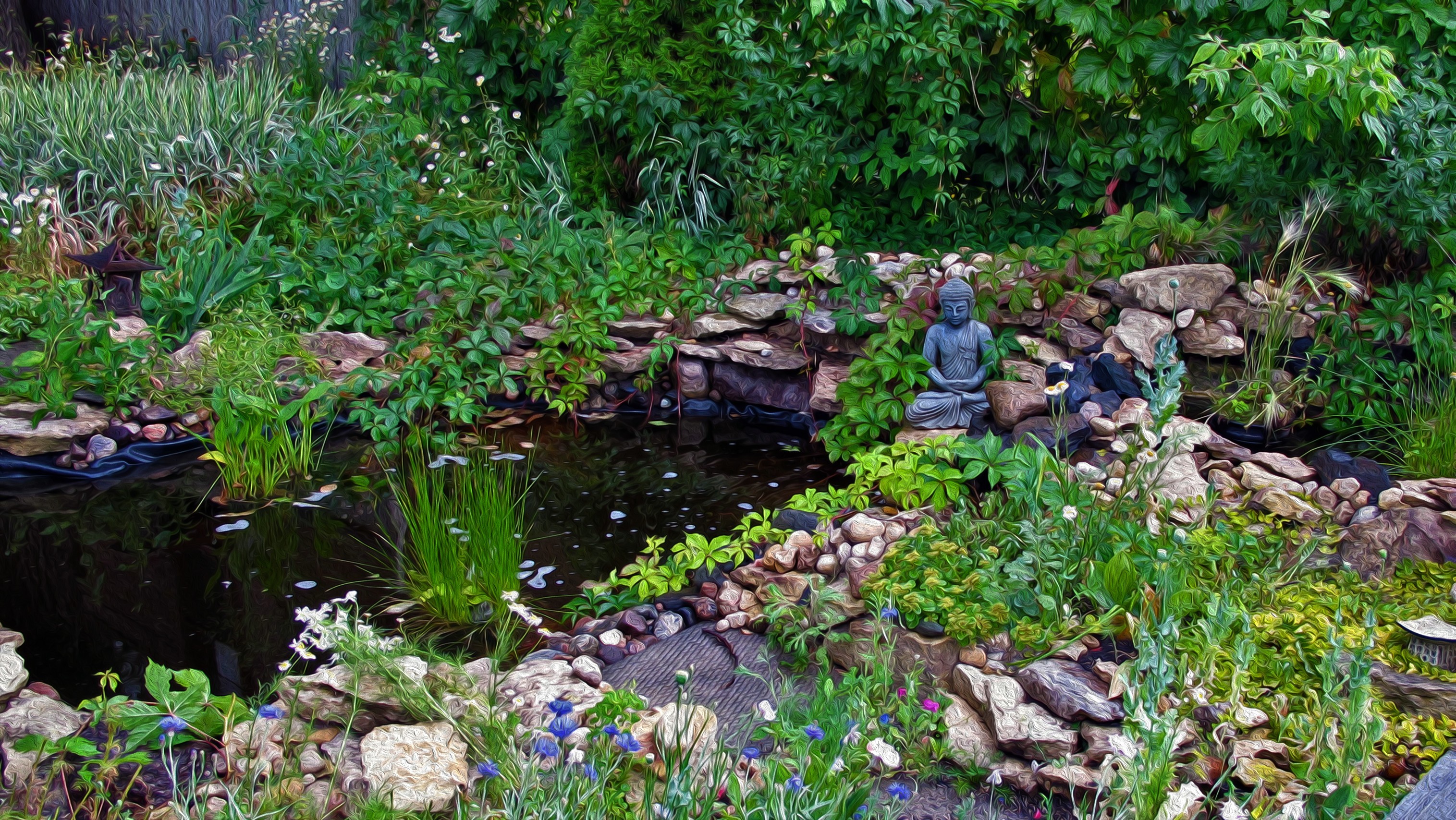 General 3031x1708 zen Buddha green oil painting peaceful garden plants stones water statue
