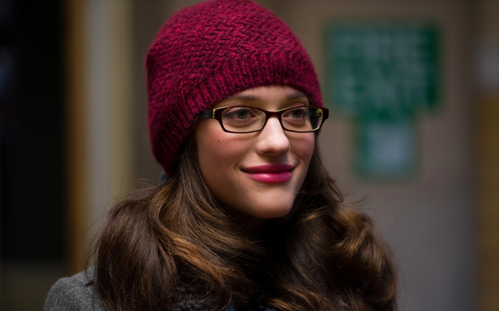 People 1920x1200 women Kat Dennings actress glasses face blue eyes women with glasses brunette hat woolly hat beanie closeup