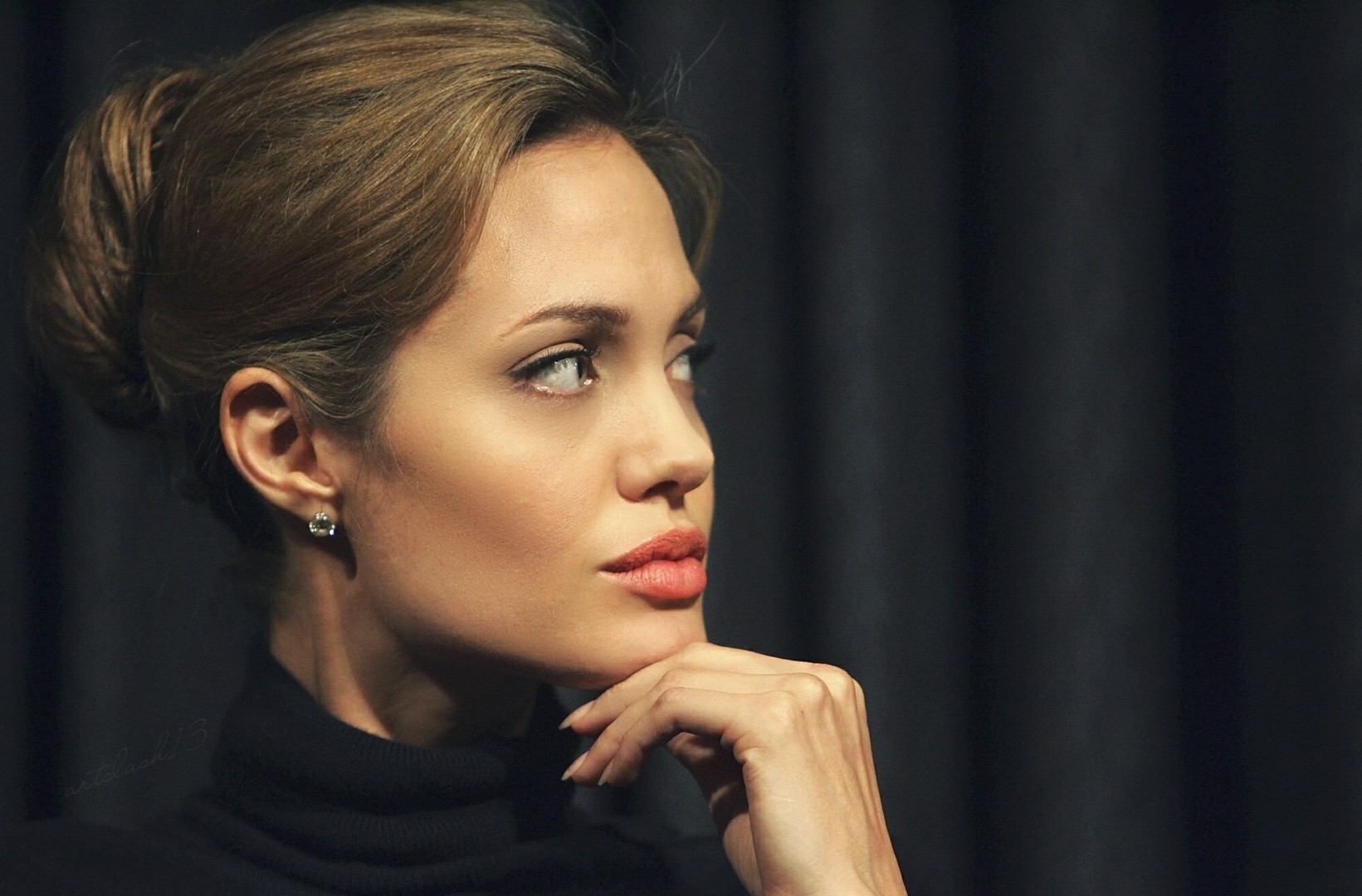 People 1641x1080 Angelina Jolie actress women brunette hairbun profile looking away thinking ear studs portrait women indoors face red lipstick American women