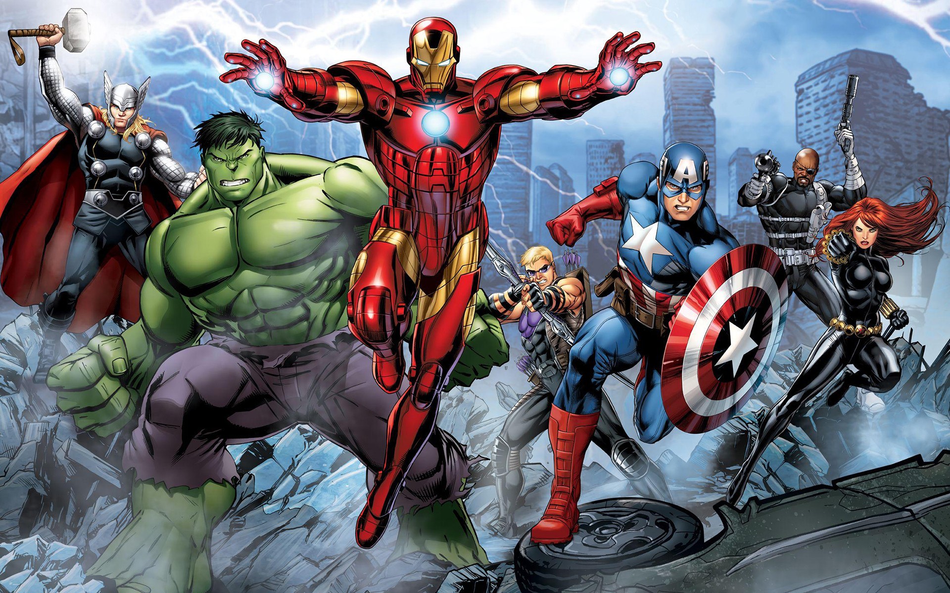 General 1920x1200 The Avengers Iron Man Hulk Hawkeye Thor Captain America Nick Fury Black Widow lightning Marvel Comics comic art digital art
