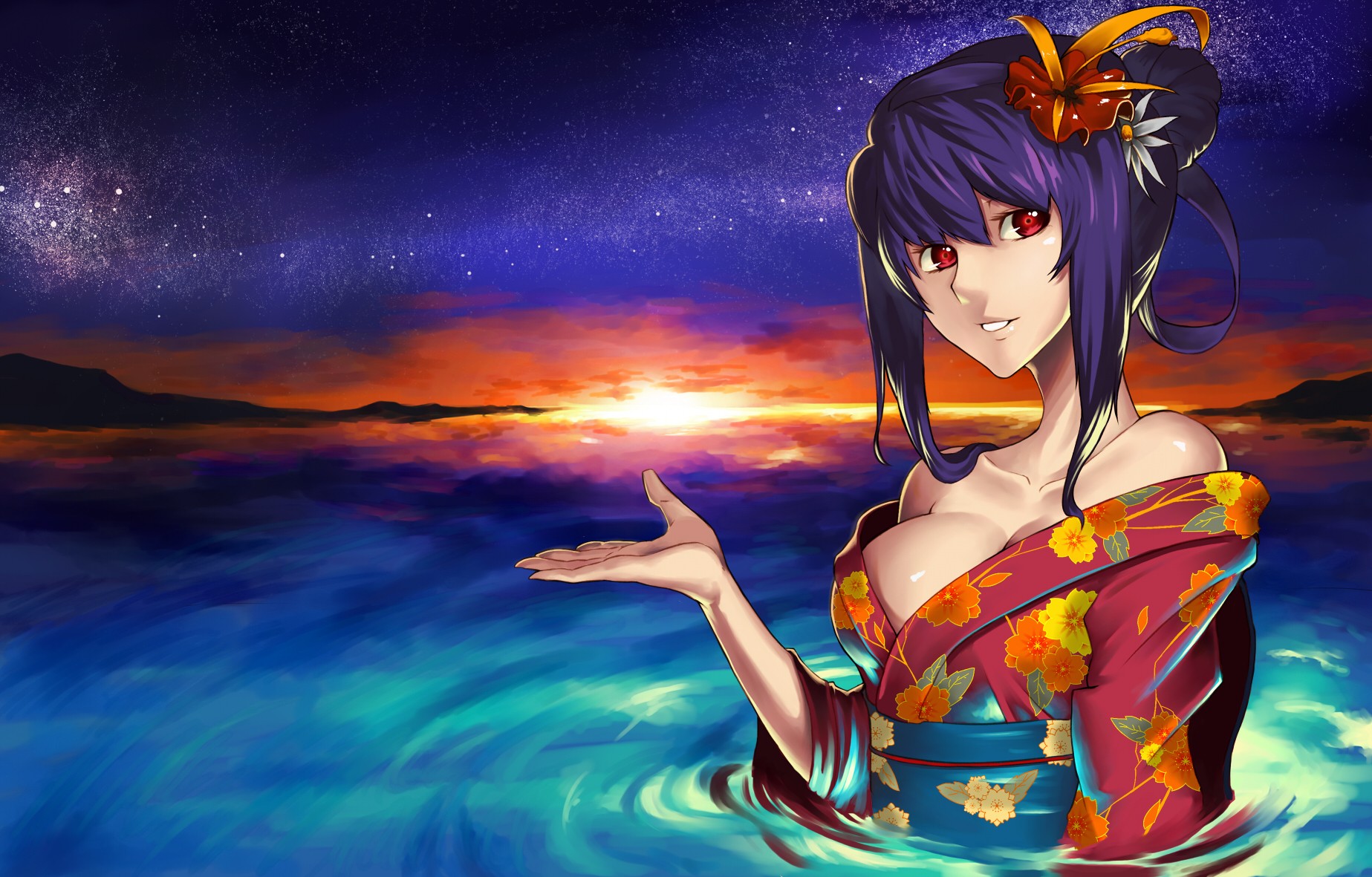 Anime 1847x1181 jjune anime red eyes purple hair Japanese clothes kimono water traditional clothing boobs big boobs looking at viewer in water sky sunlight flower in hair women