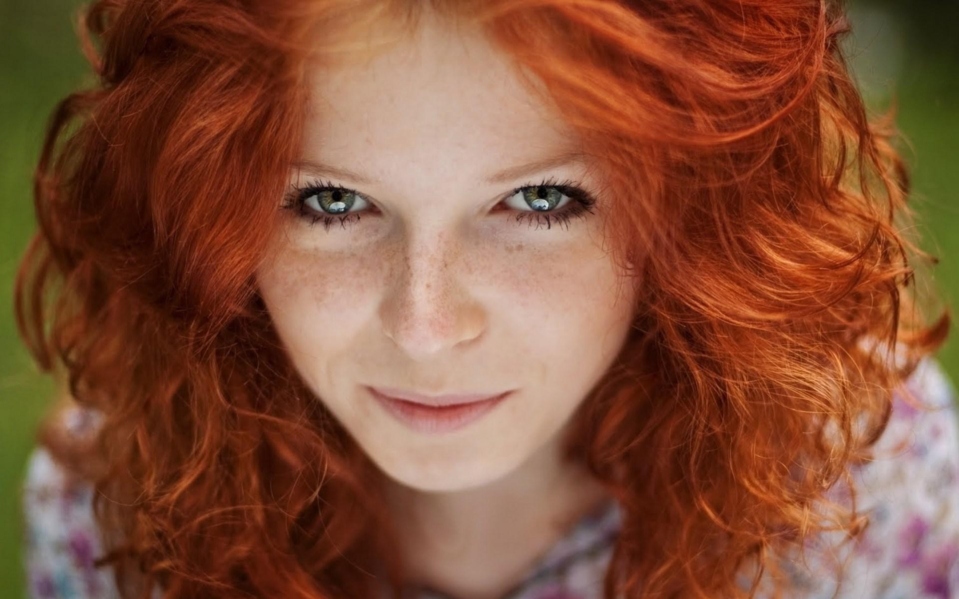 People 1920x1200 women model redhead face blue eyes freckles women outdoors smiling long hair depth of field closeup looking at viewer