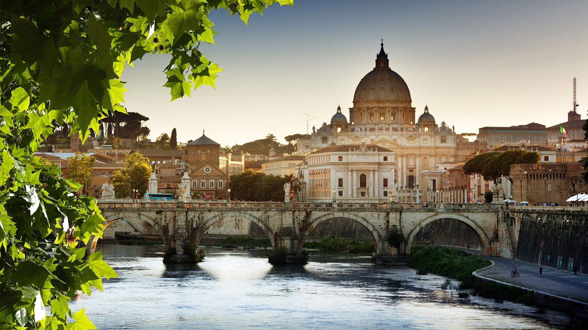 General 1920x1080 cityscape architecture Rome Italy old building trees cathedral bridge river wall sunlight