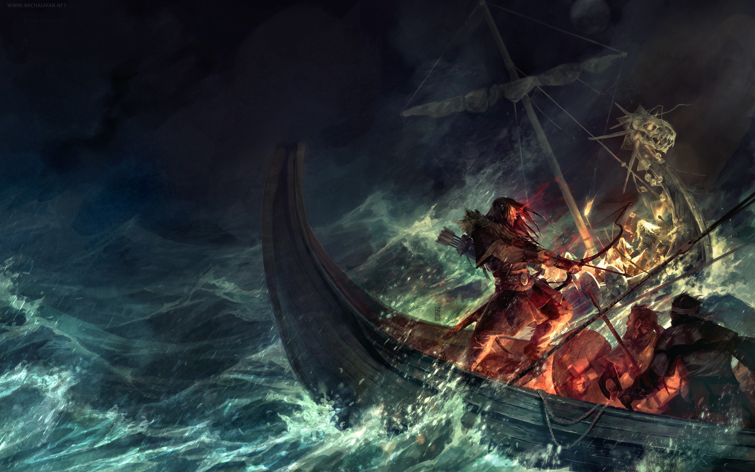 General 2560x1600 fantasy art Vikings boat storm sea vehicle digital art waves water night bow and arrow