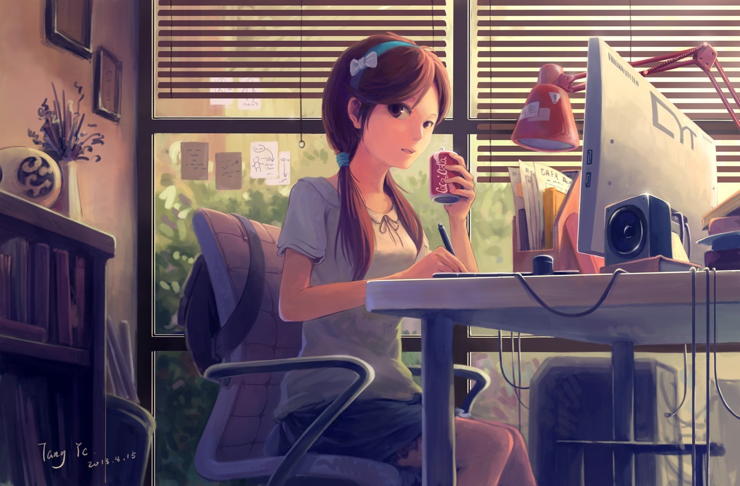 Anime 1500x986 anime girls original characters brown eyes brunette headband twintails computer tyc001x anime Coca-Cola can monitor sitting women women indoors looking at viewer long hair