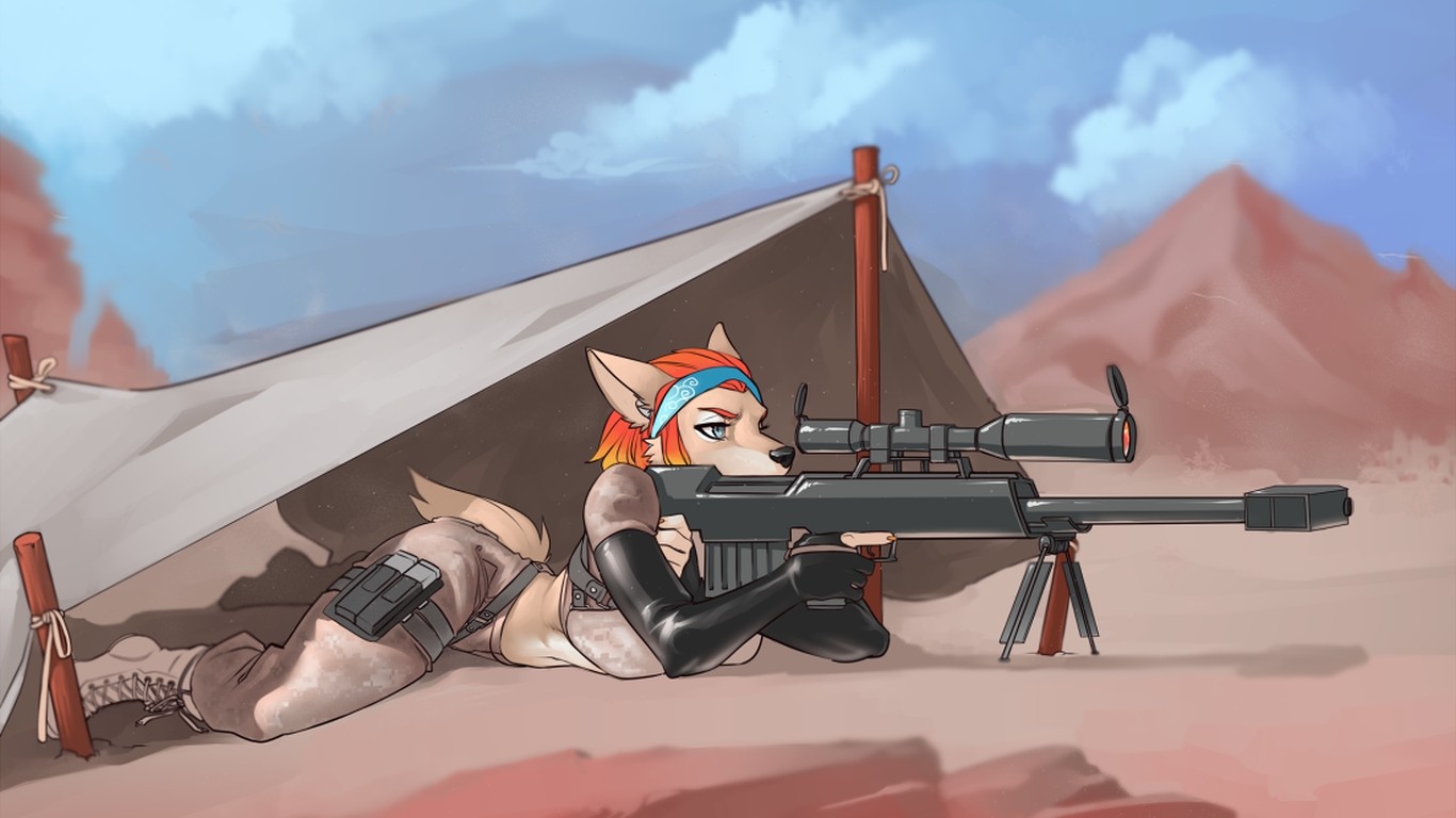 Anime 1366x768 furry Anthro sniper rifle weapon