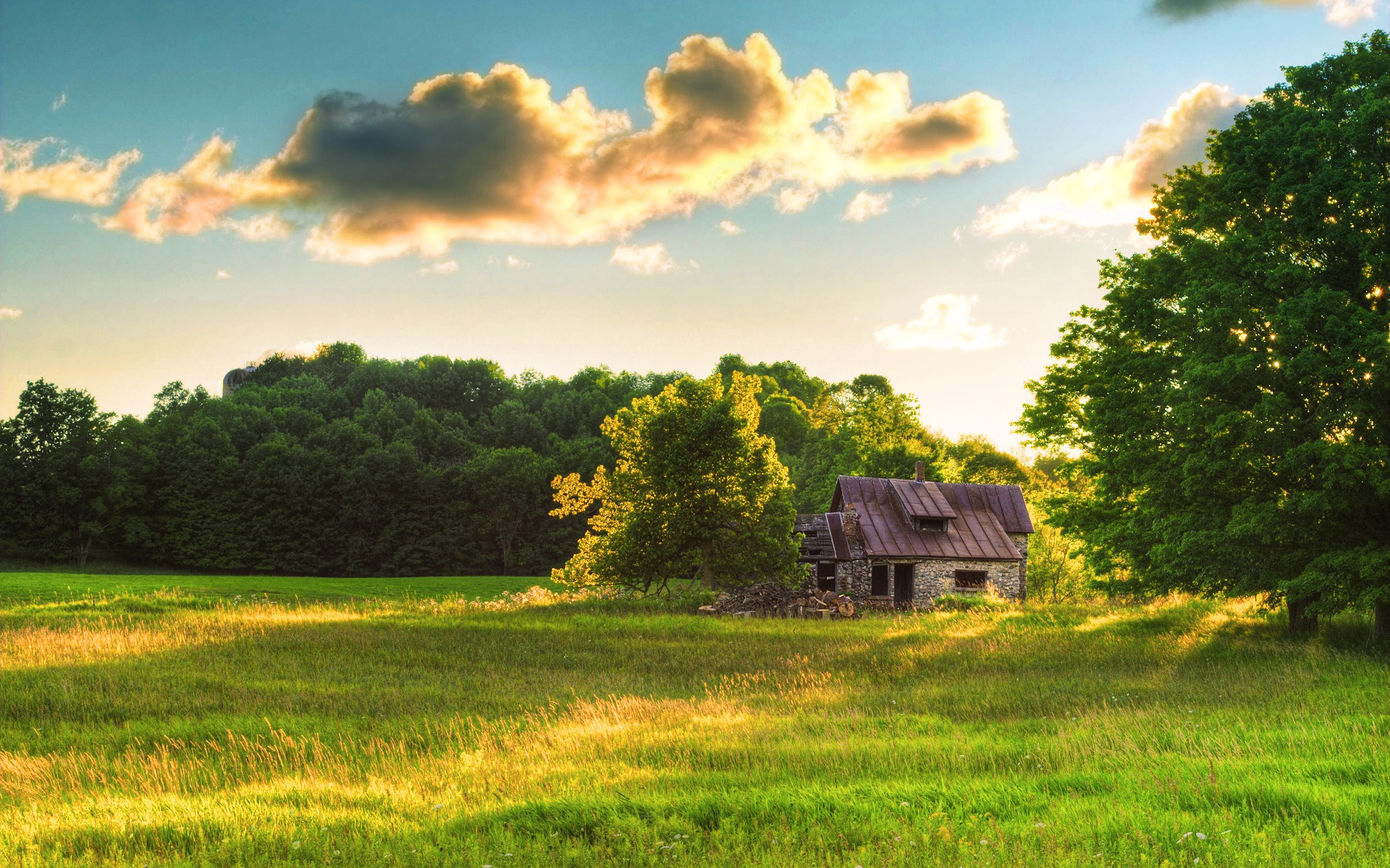 General 2560x1600 nature field grass abandoned house sunlight calm trees clouds ruins