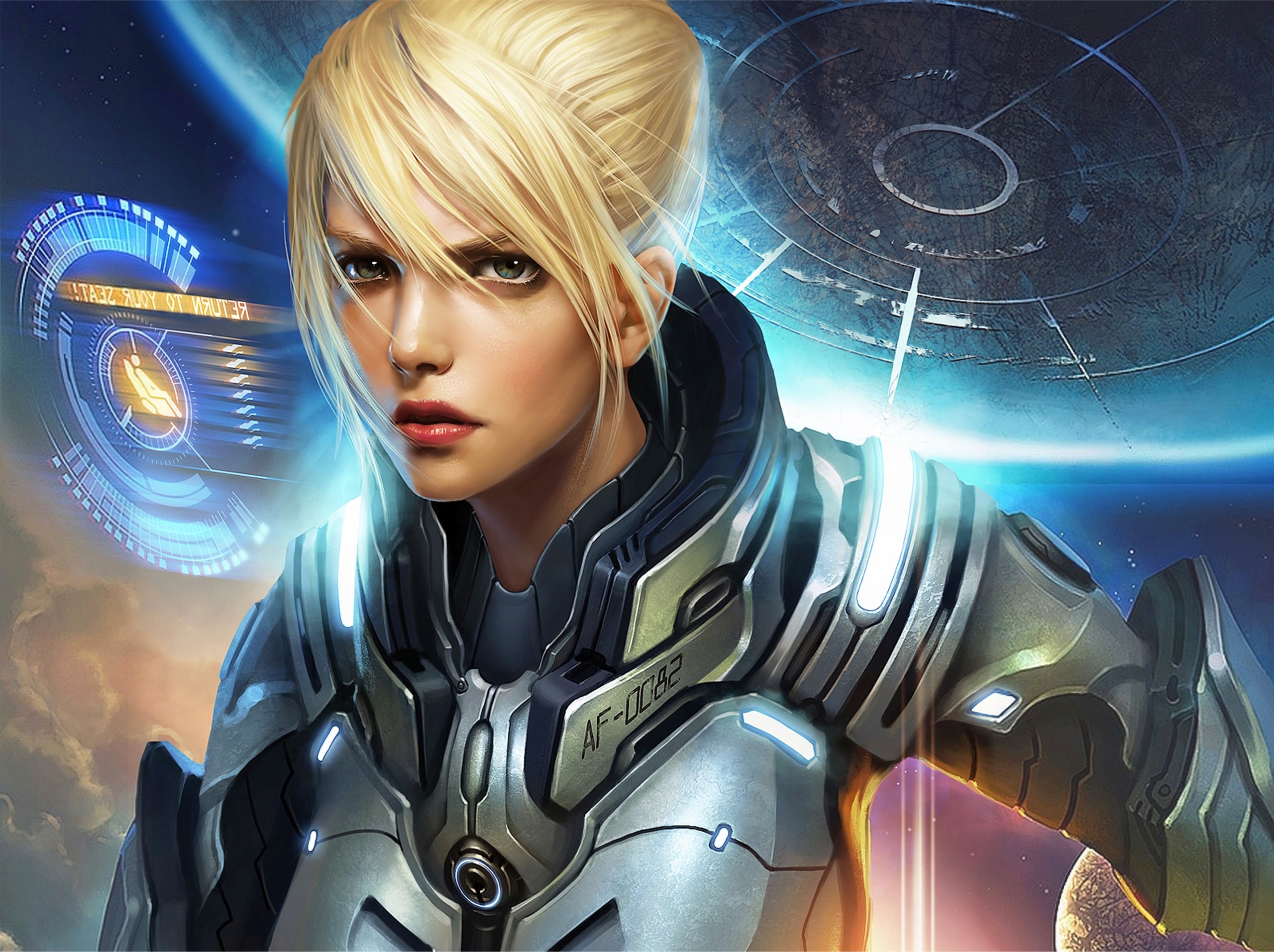 General 2560x1913 science fiction blonde science fiction women futuristic armor hair in face women