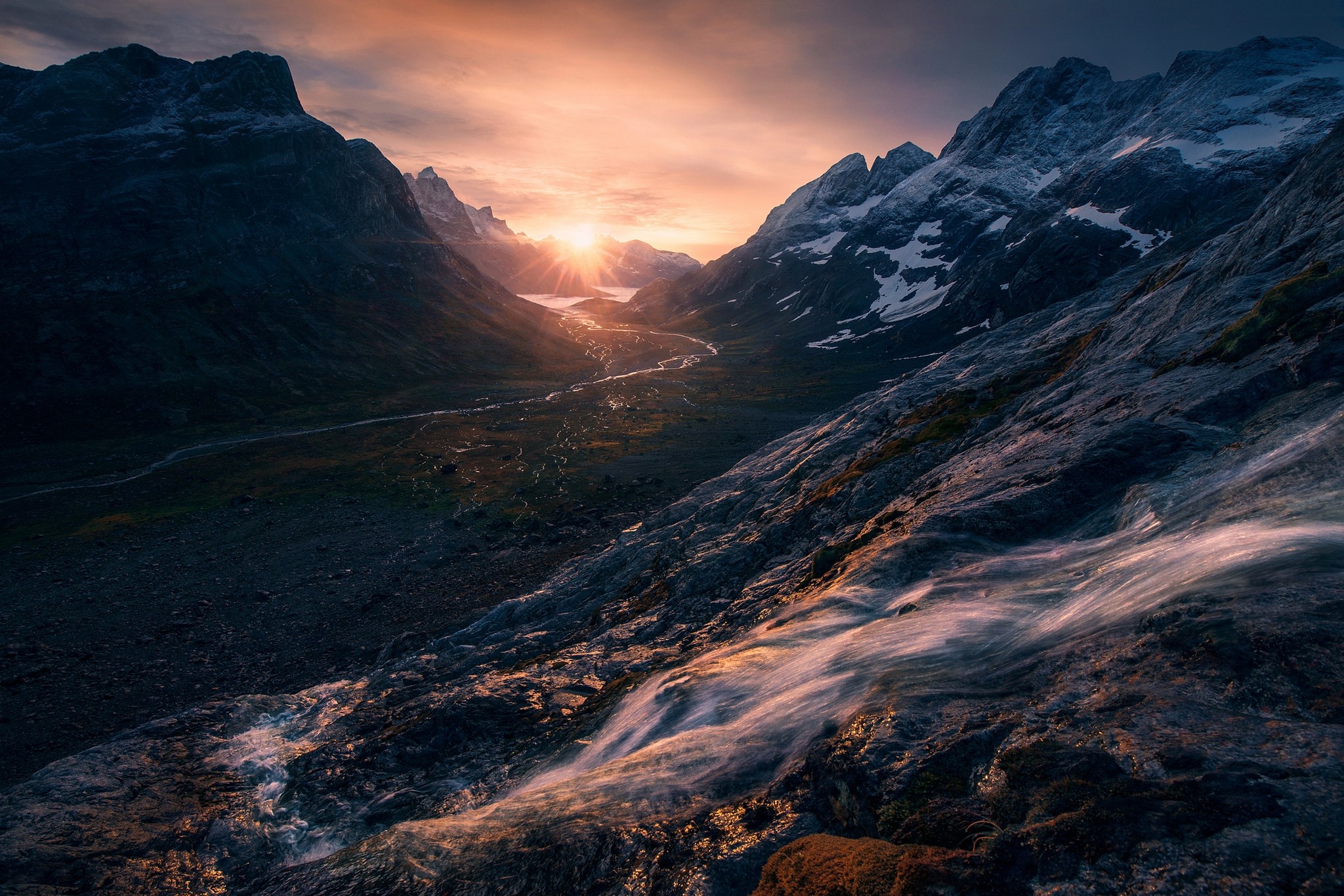 General 2048x1366 nature landscape mountains valley river snowy peak creeks sky sunlight Greenland nordic landscapes