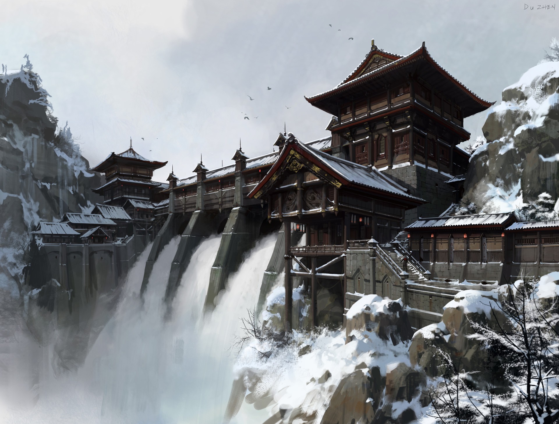 General 1920x1459 artwork digital art fantasy art building Chinese architecture dam snow Asia