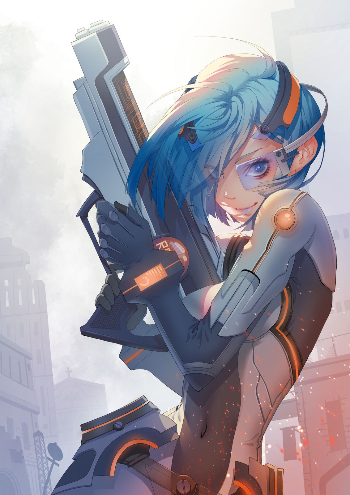 Anime 1132x1600 anime anime girls short hair blue hair rifles science fiction bodysuit science fiction women Futuristic Weapons weapon smiling
