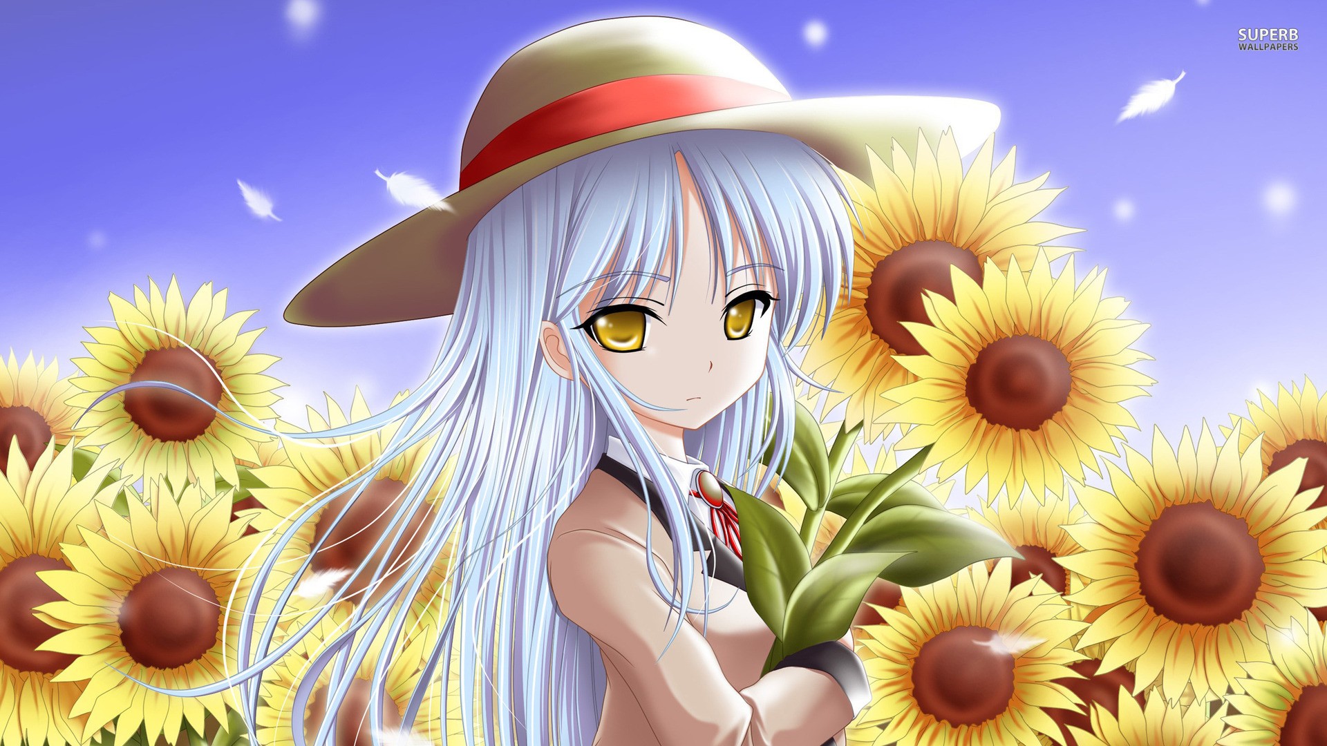 Anime 1920x1080 anime anime girls Angel Beats! Tachibana Kanade sunflowers flowers hat women with hats long hair plants yellow eyes