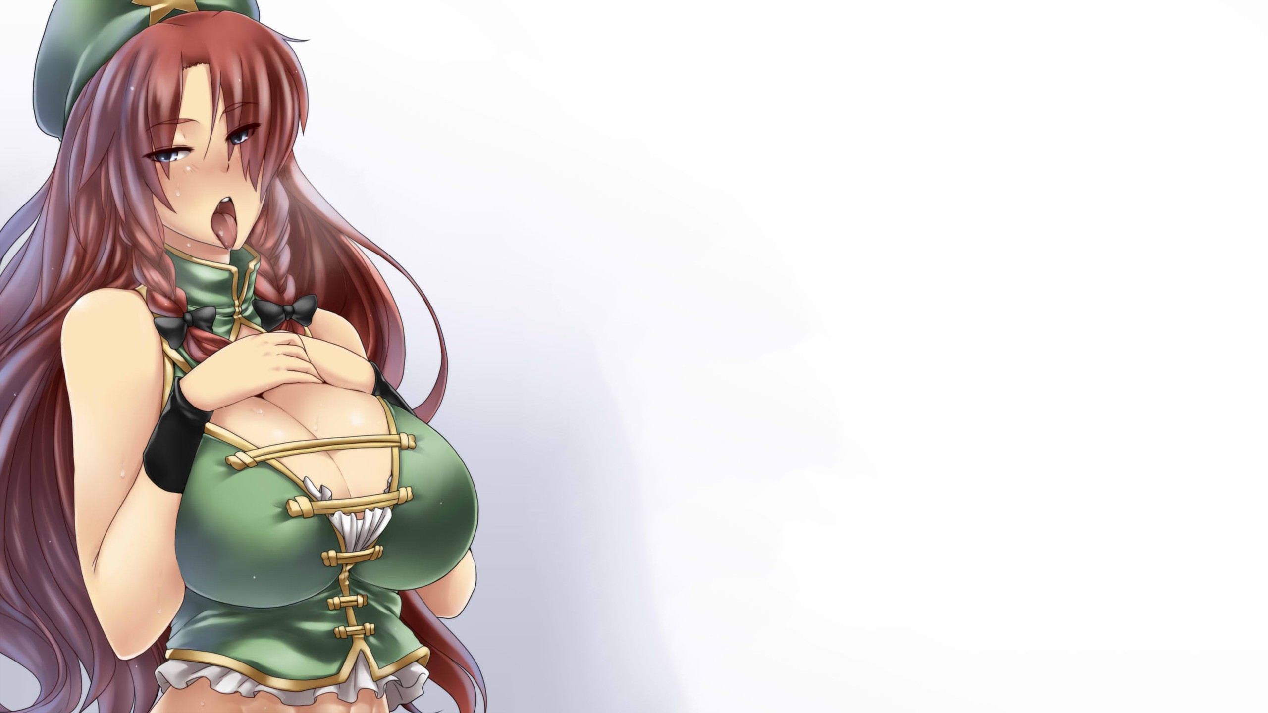 Anime 2560x1440 Touhou tongues big boobs cleavage Hong Meiling blushing blue eyes sweat braids berets long hair open mouth brunette hands on boobs anime girls anime tongue out boobs huge breasts curvy bright background