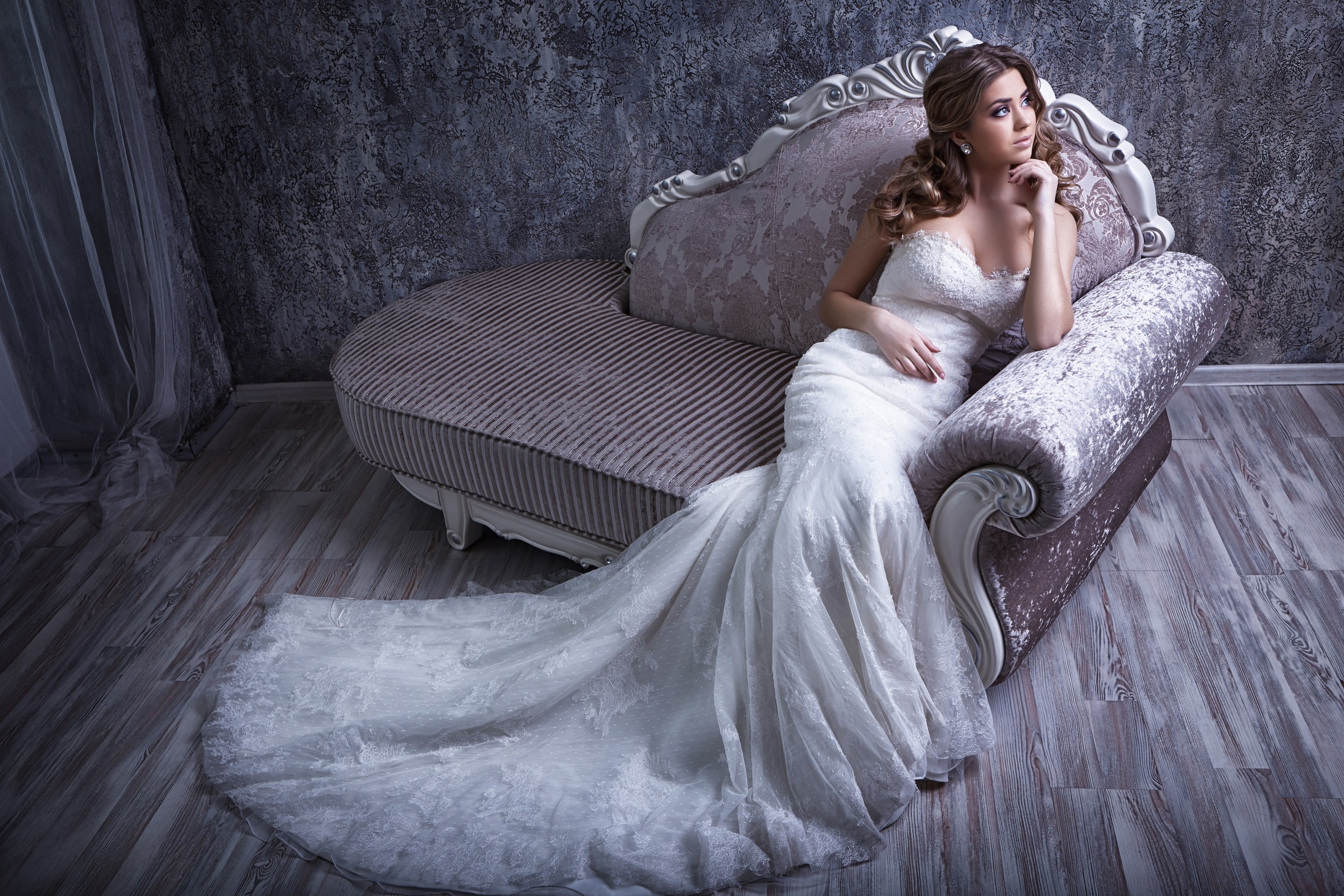 People 2736x1824 couch dress women model bridal gown women indoors indoors white dress white clothing looking away brunette makeup sitting wooden surface