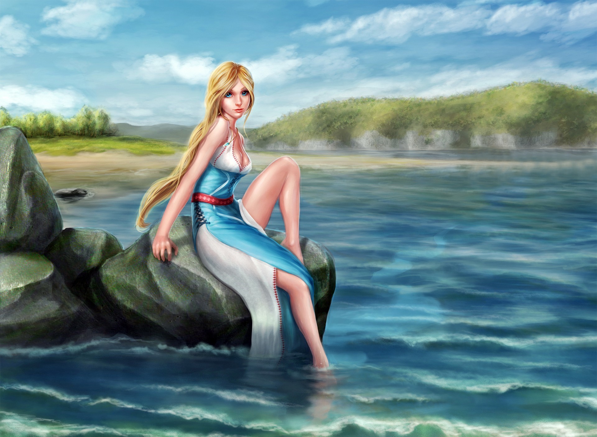 General 1920x1406 fantasy art artwork blonde blue eyes long hair women outdoors water nature landscape fantasy girl