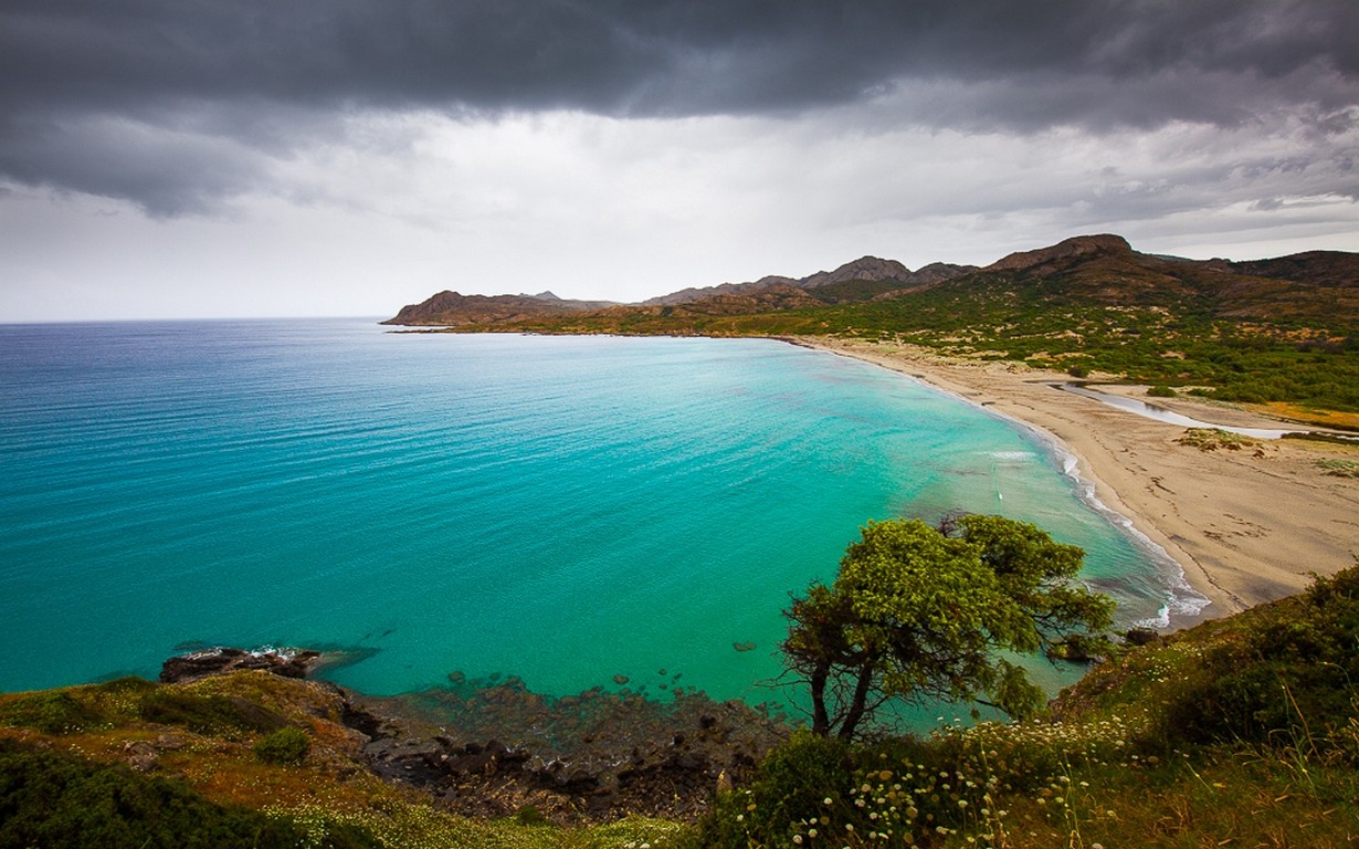 General 1230x768 nature landscape beach sand shrubs wildflowers hills sea turquoise water island Corsica clouds