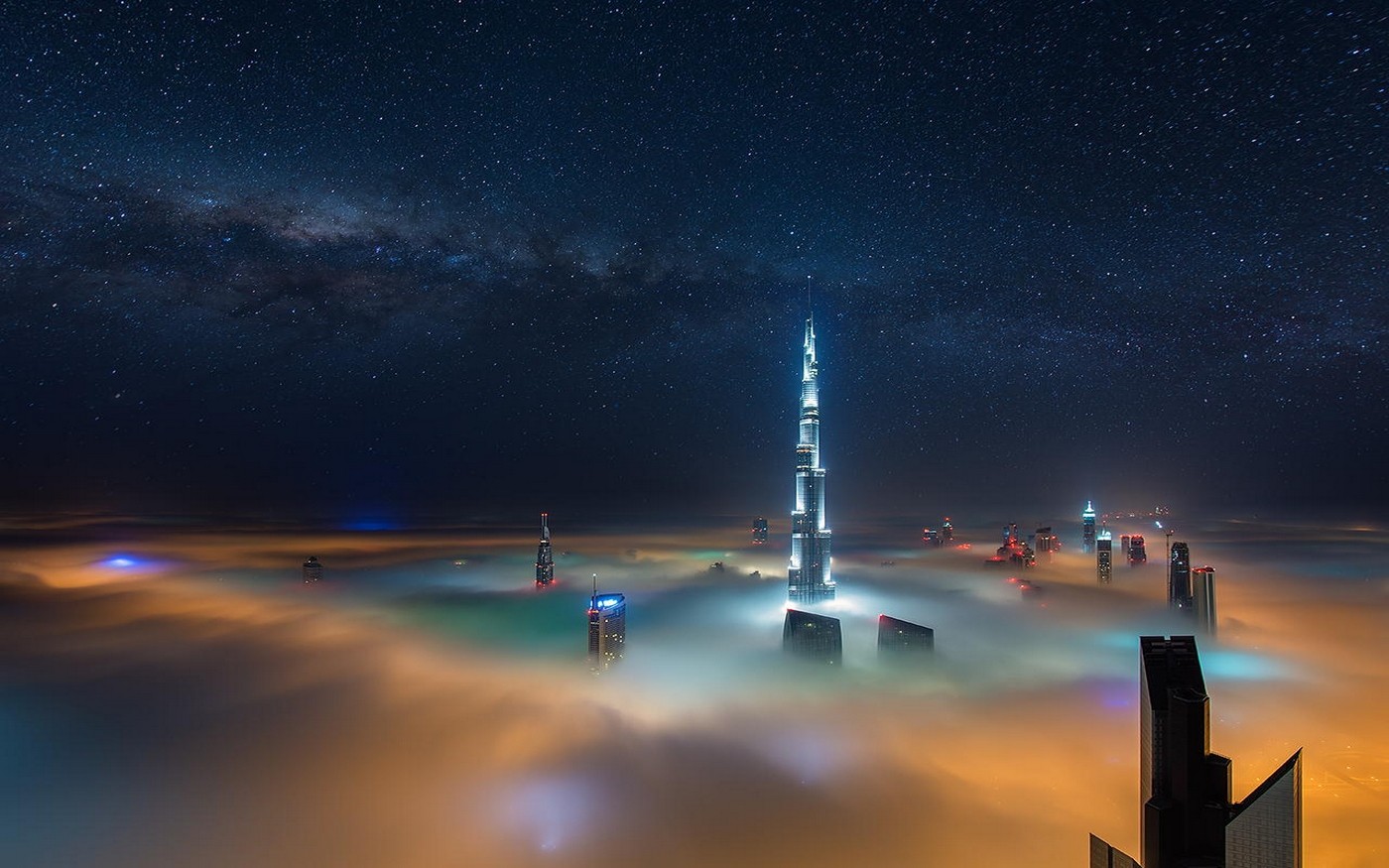 General 1400x875 cityscape long exposure Milky Way mist skyscraper Dubai starry night colorful sky architecture night