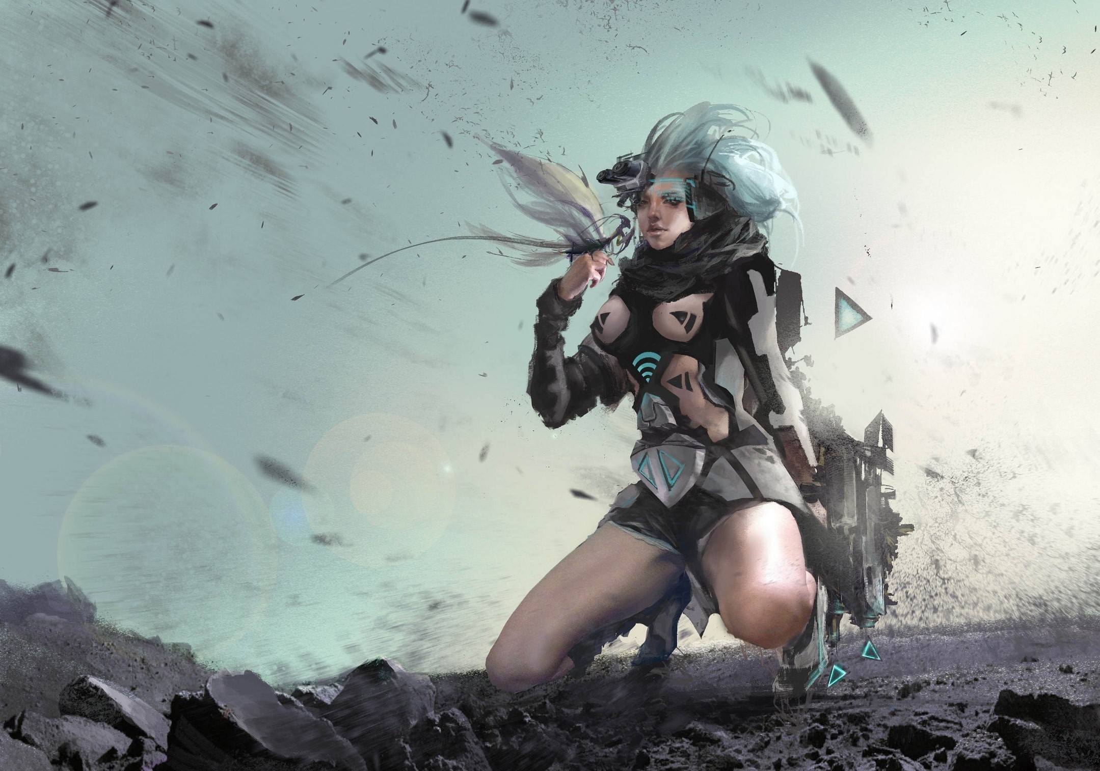 General 2159x1514 artwork futuristic women kneeling science fiction science fiction women boobs thighs blue hair