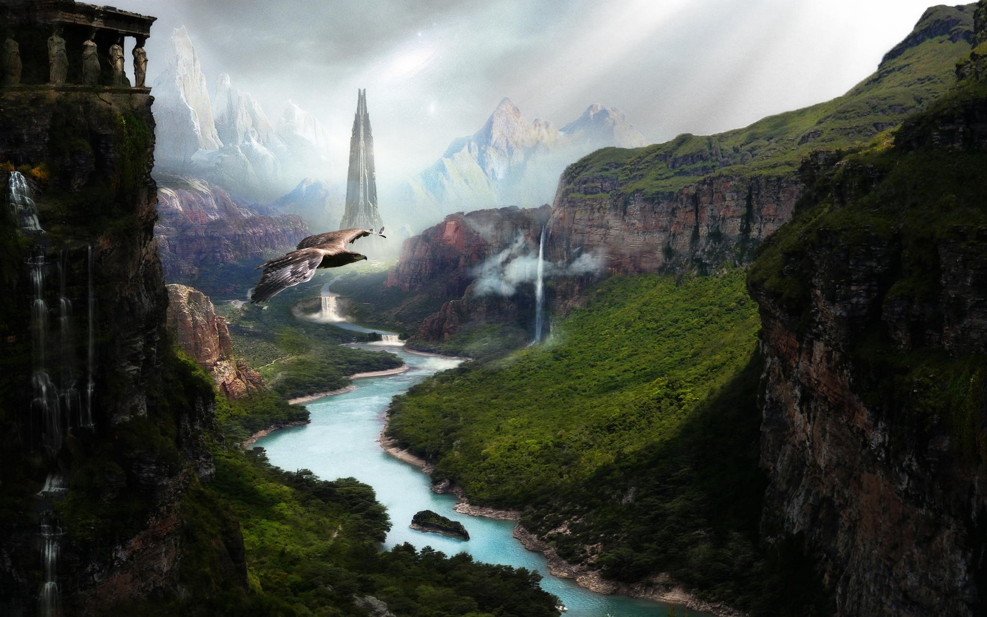 General 1920x1200 landscape canyon river digital art birds flying mountains cliff mist nature waterfall forest temple