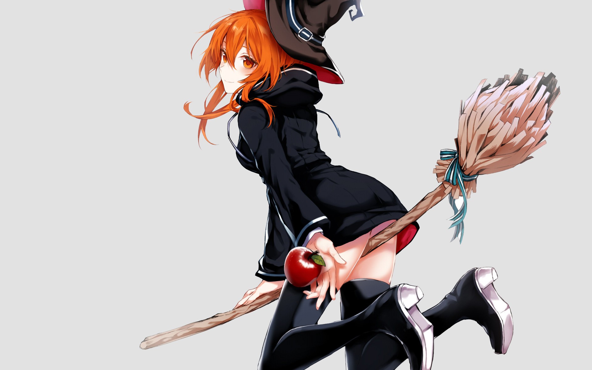Anime 1920x1200 witch redhead orange eyes broom white background hat thigh-highs original characters apples simple background high heels bangs